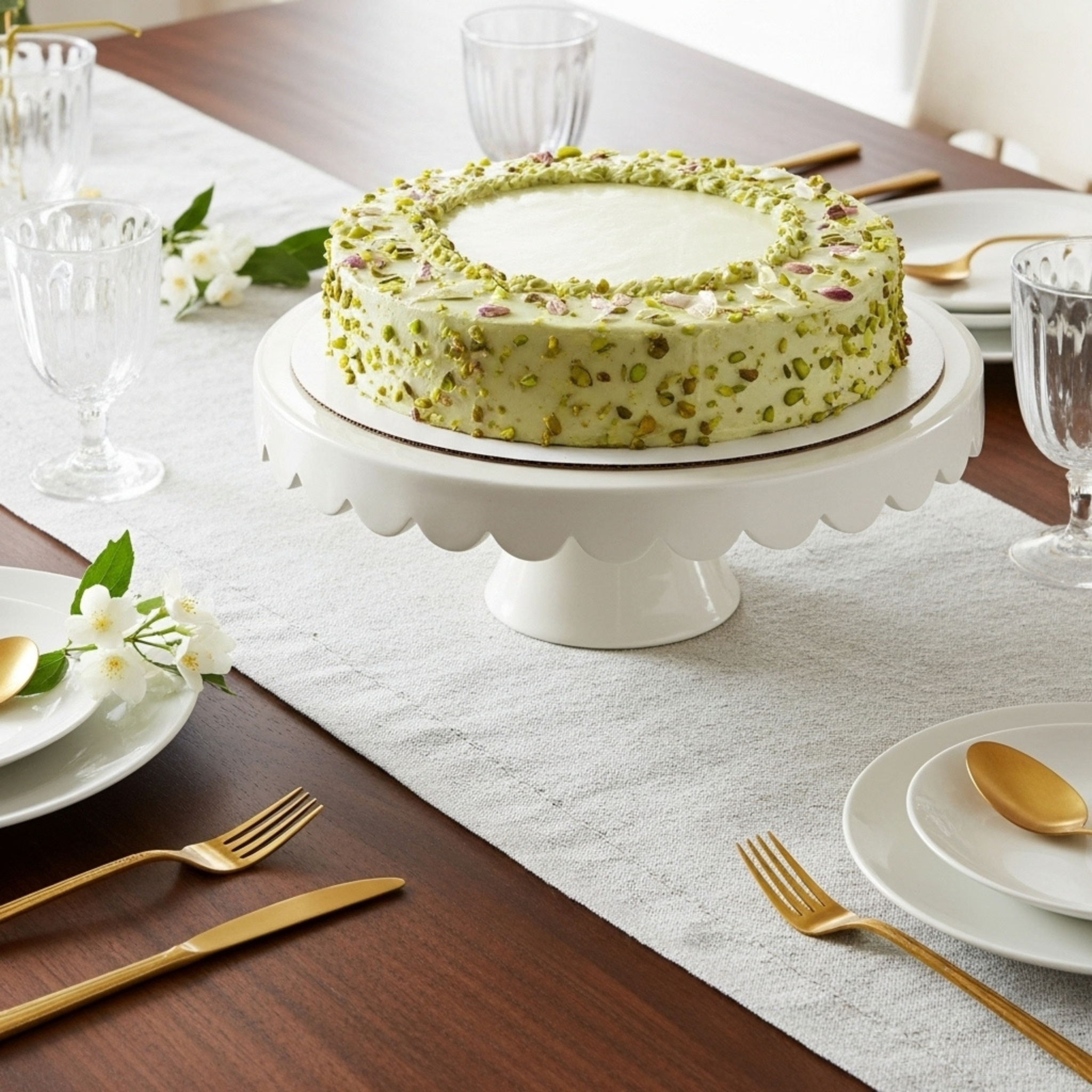 Présentoir à gâteau en céramique – Blanc ivoire, bord ondulé (100% fait main, Tunisie)