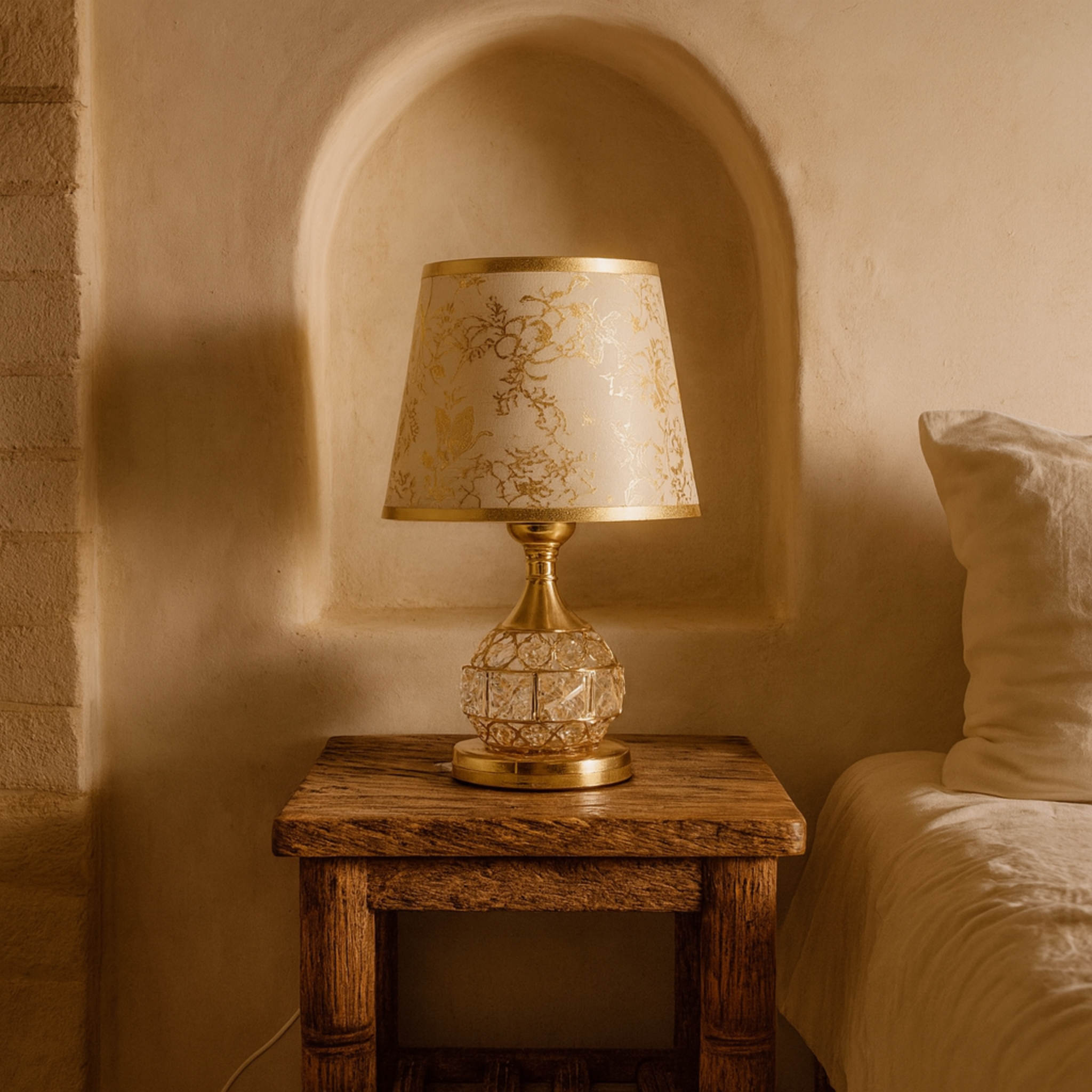 Lampe de Chevet Dorée avec Abat-jour Floral et Base Cristal