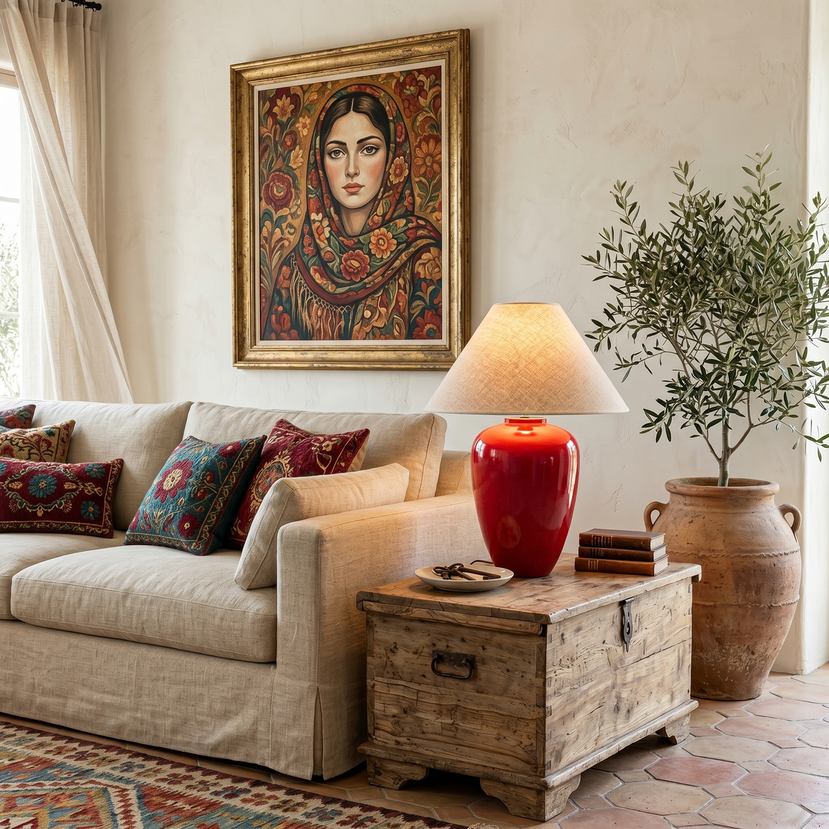 Lampe à Poser Rouge Tunisie | Pied Bois Satiné Élégant | Fiolla Home