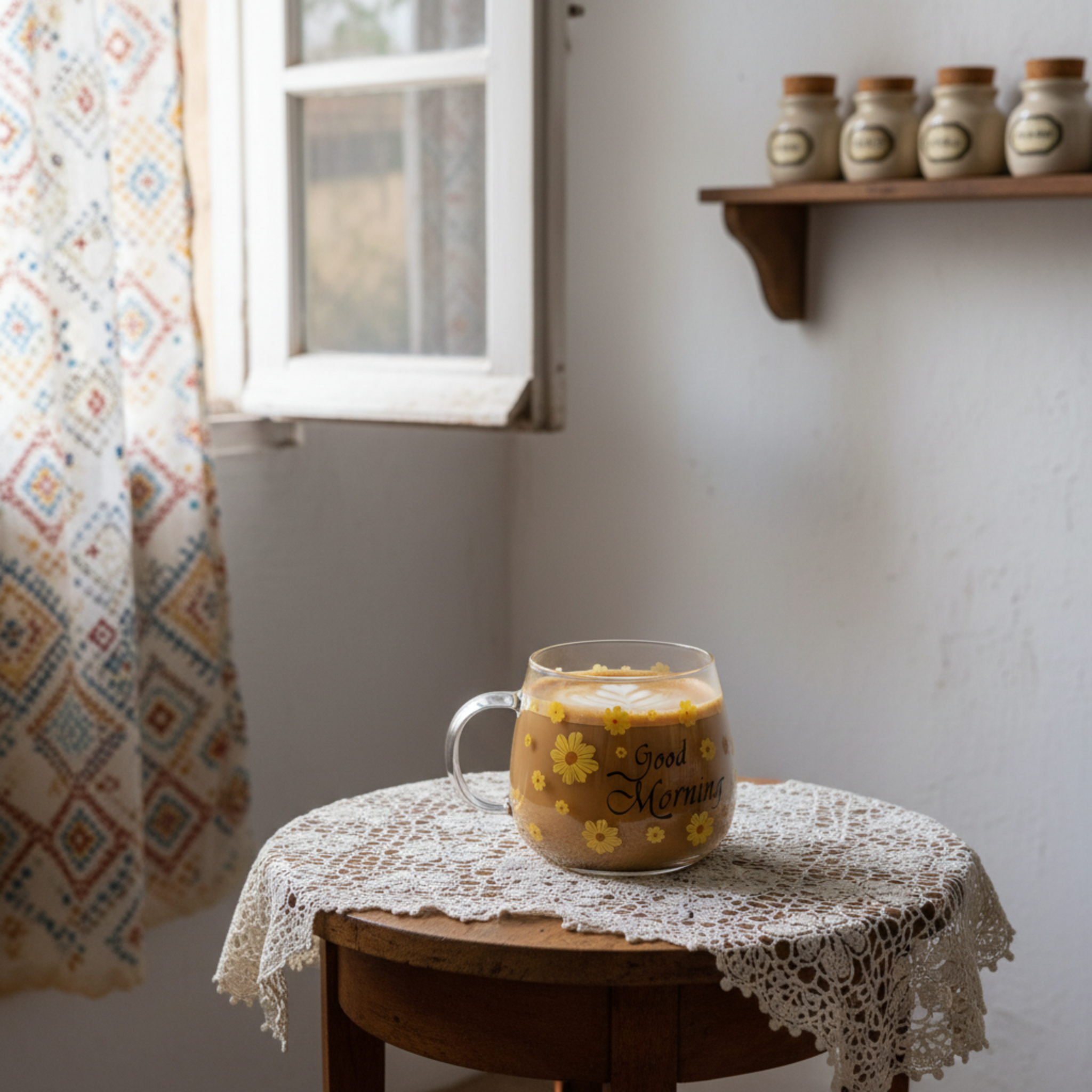 Mug en Verre Fleur Jaune "Good Morning" – Tasse Café & Latte Design