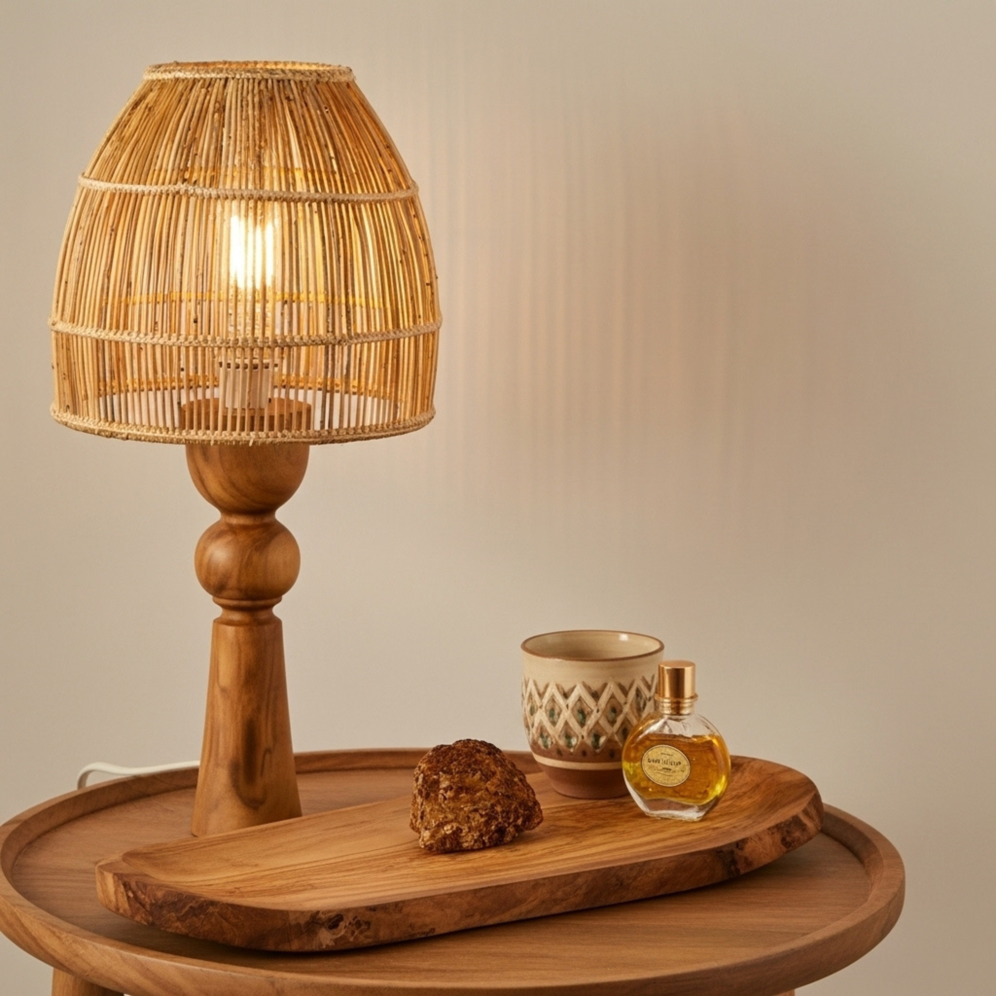 Lampe de table artisanale – base en bois d’olivier & abat-jour en fibres de palmier
