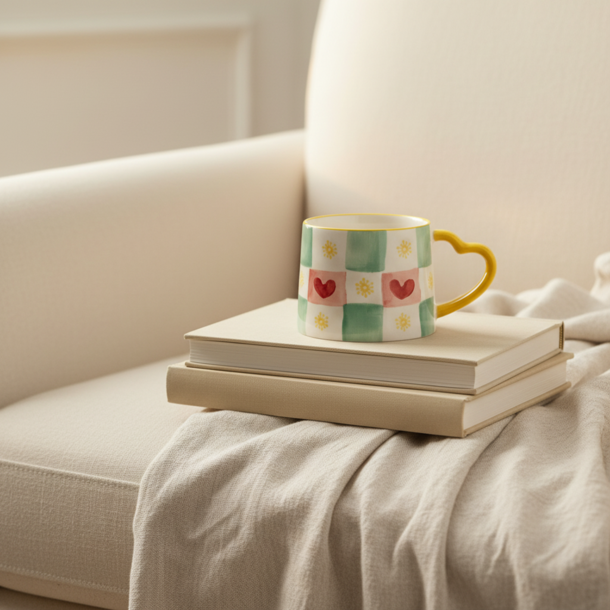 Mug Damier Vert et Cœurs | Anse Jaune en Forme de Cœur