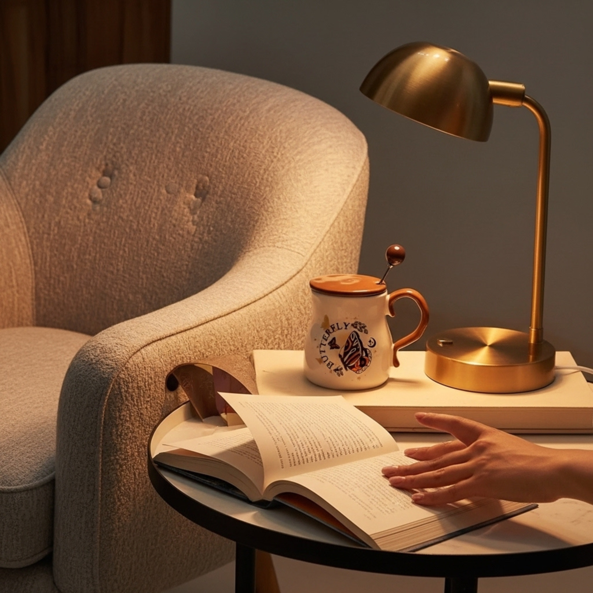 Mug Butterfly Bohème – Céramique Crème, Couvercle Caramel