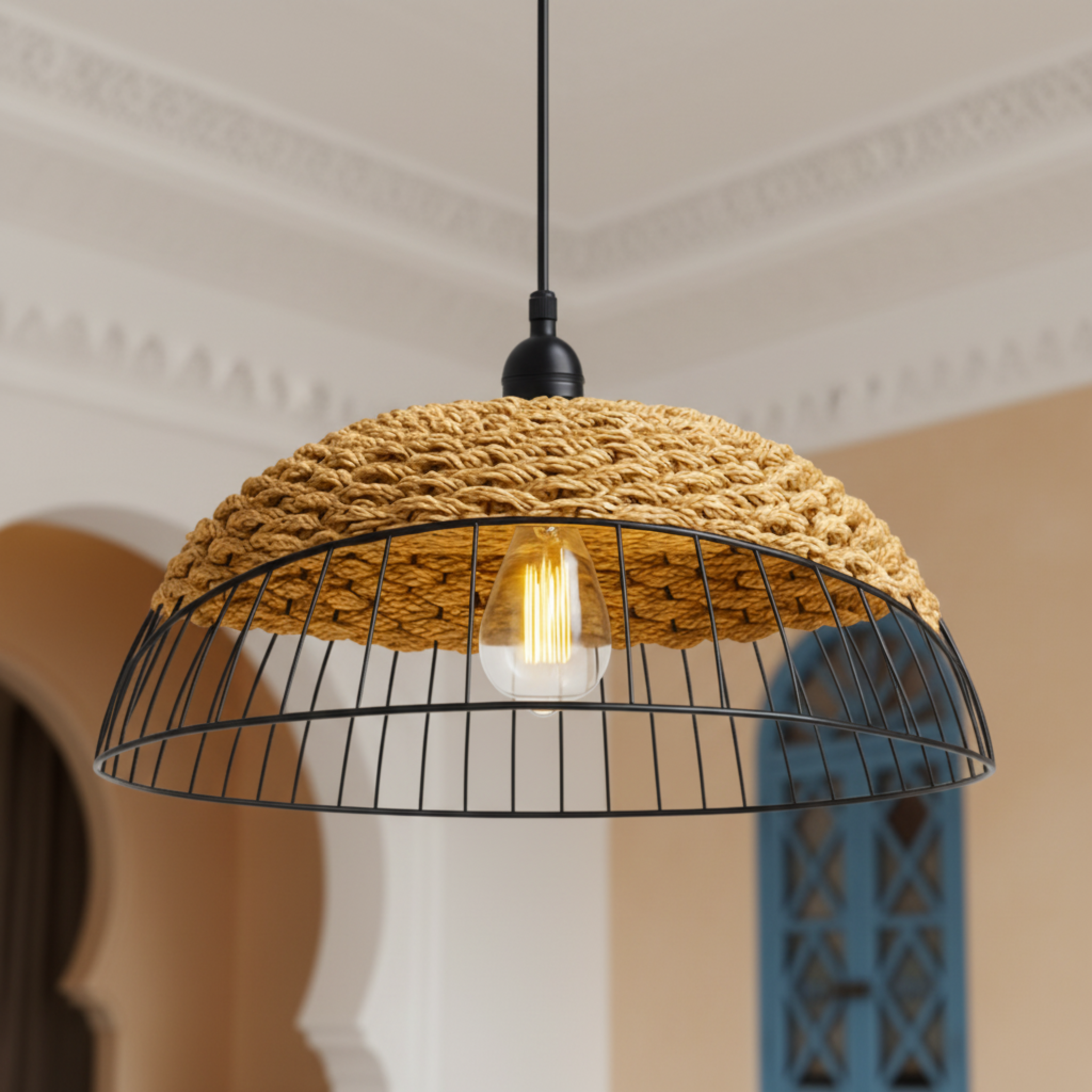 Suspension Dôme "Oasis Lumineuse" | Fibres Végétales & Métal | Tunisie