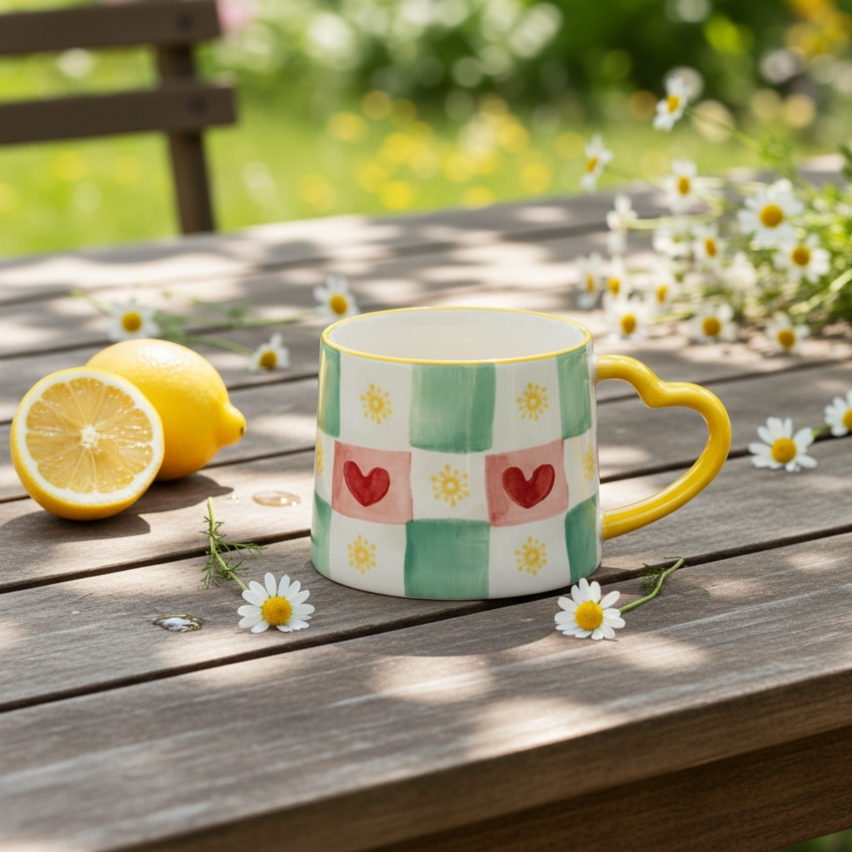 Mug Damier Vert et Cœurs | Anse Jaune en Forme de Cœur