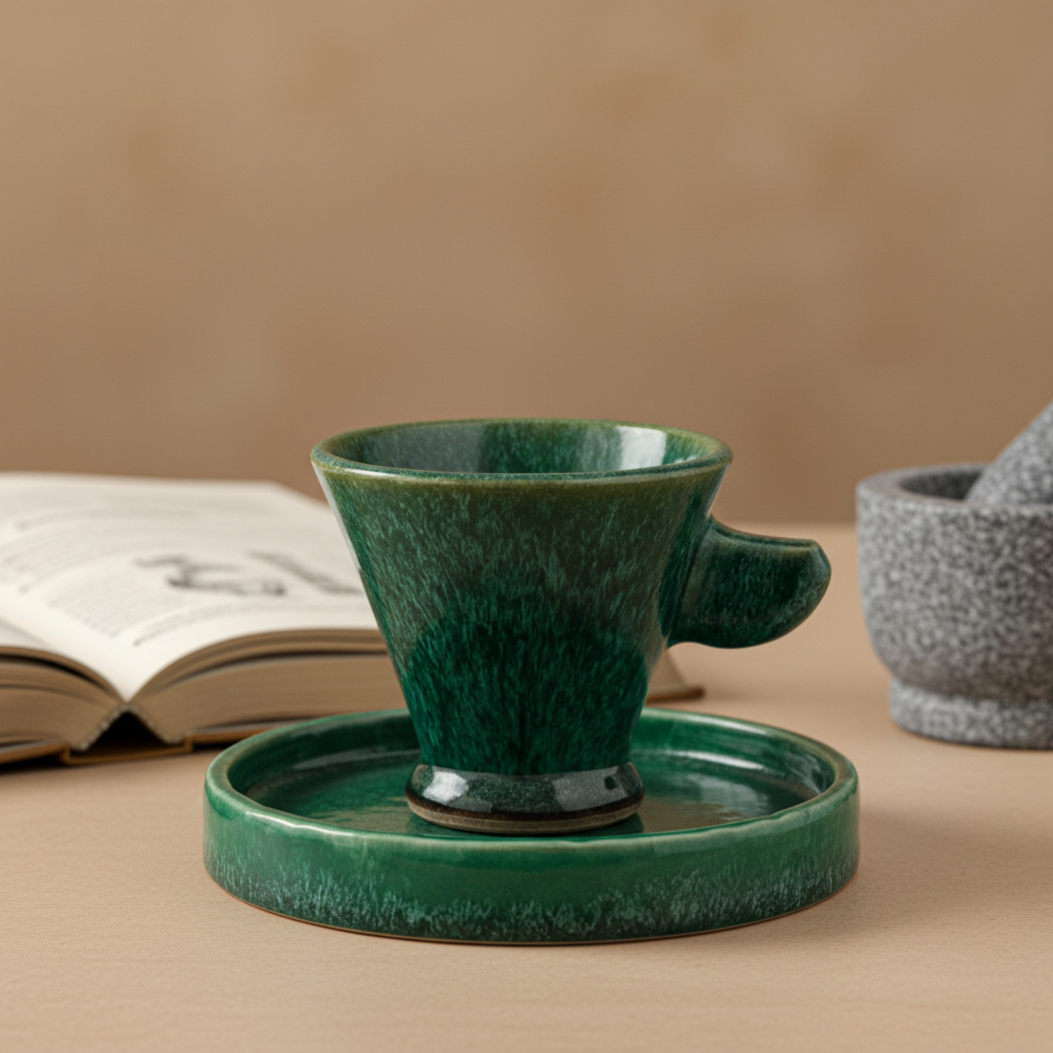 Tasse Conique avec Plateau – Céramique Émeraude Tunisienne
