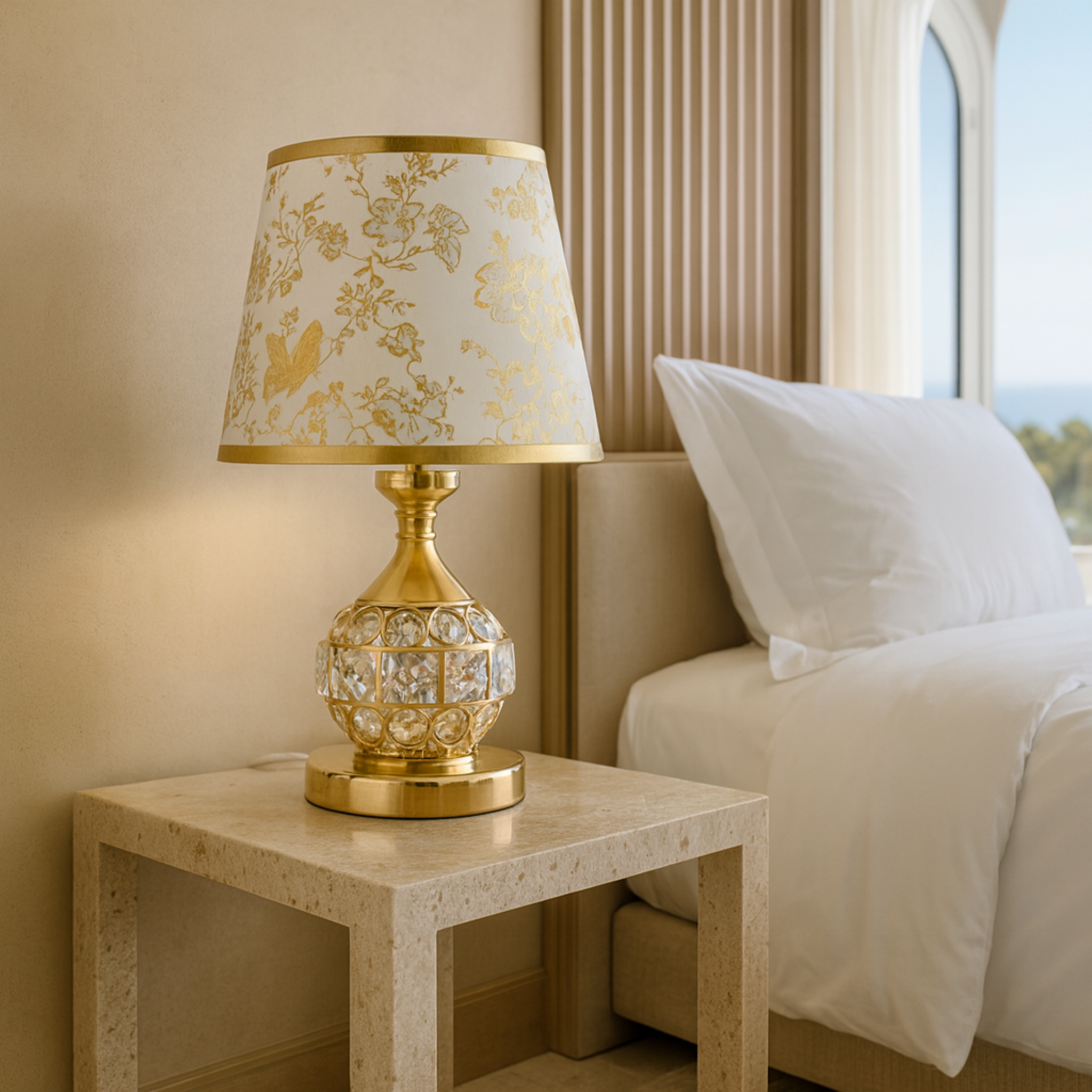 Lampe de Chevet Dorée avec Abat-jour Floral et Base Cristal