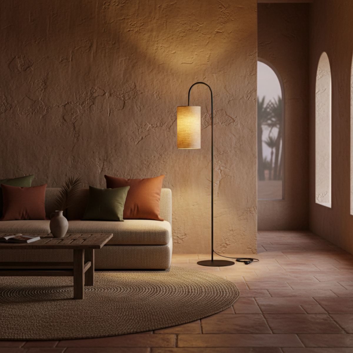 Lampadaire Arc Métal Noir Abat-Jour Lin Beige Design | Fiolla Home
