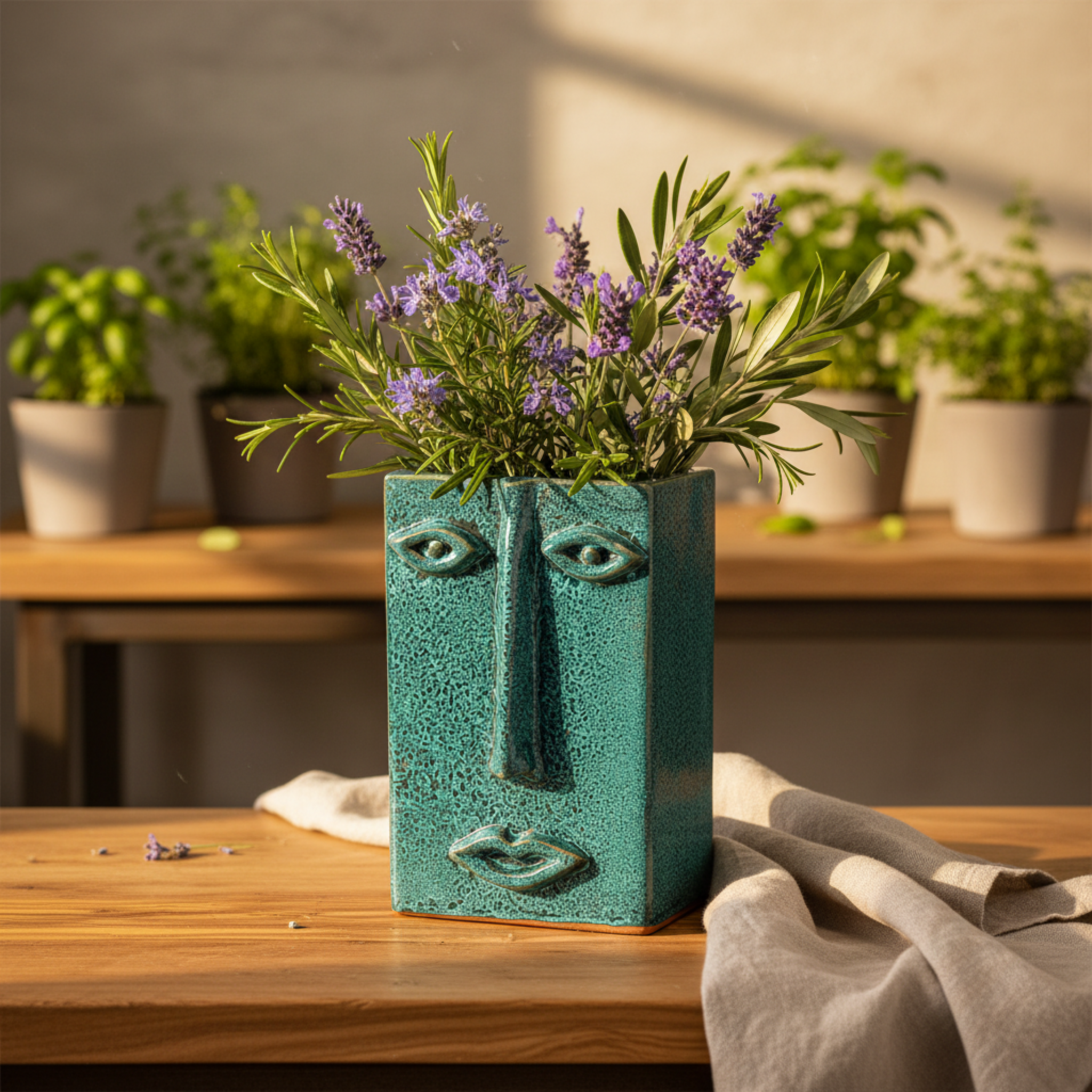 Vase Visage Rectangulaire en Céramique – Émeraude Tunisien