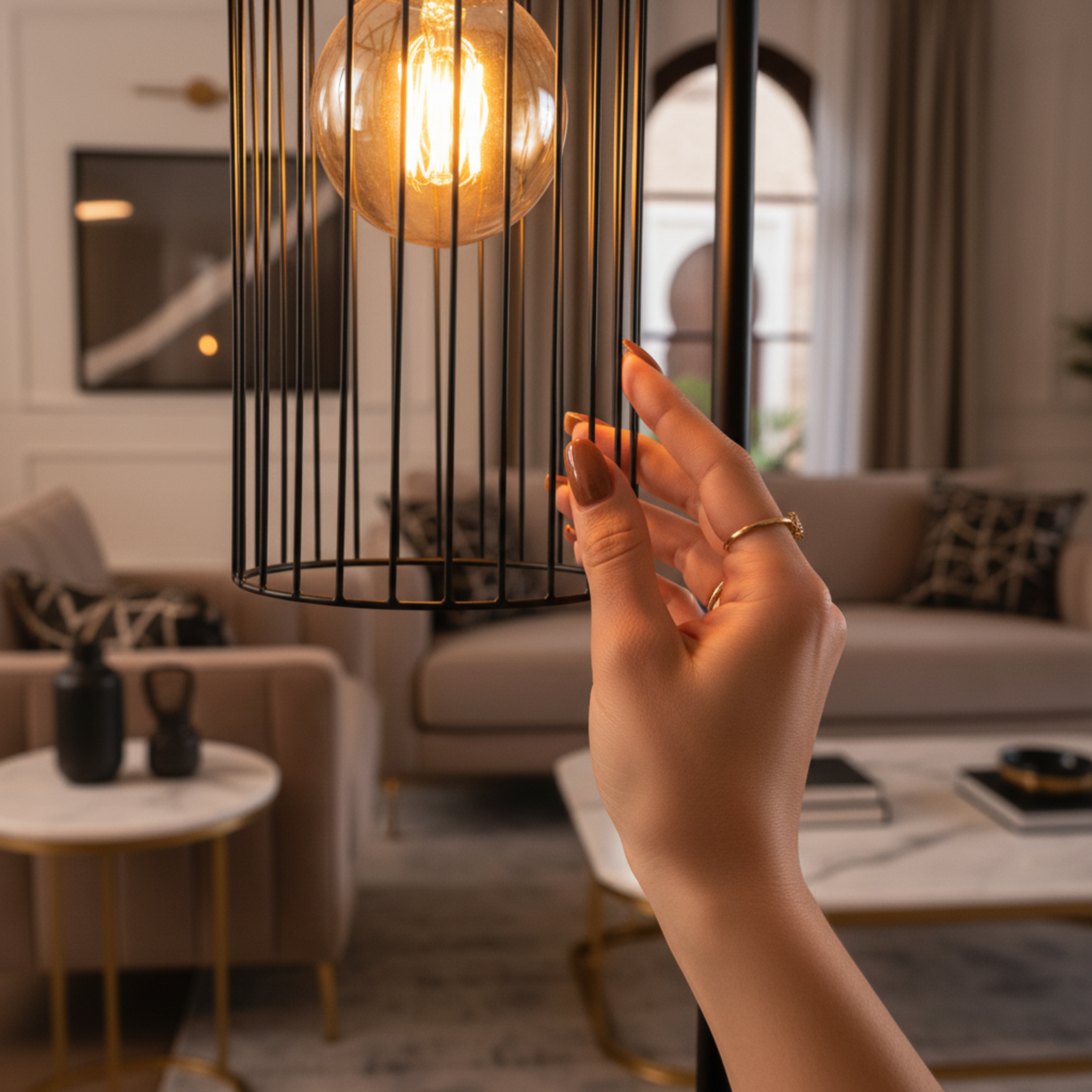 Lampadaire Trépied Métal Noir & Abat-Jour Effet Tweed – Design Moderne