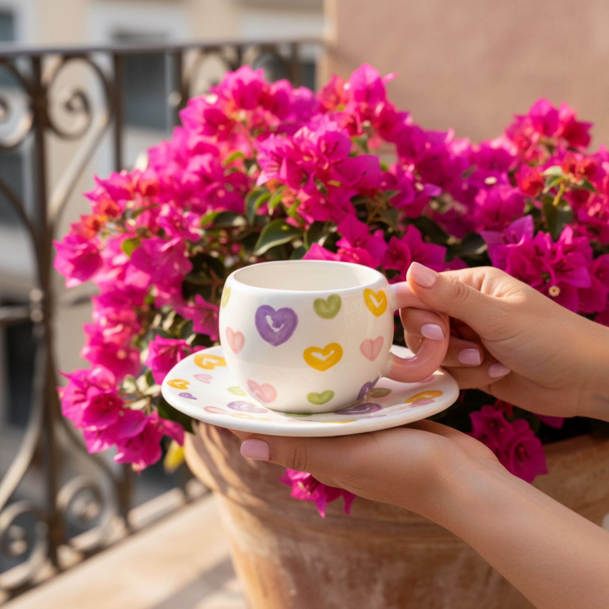 Duo Tasse & Soucoupe "Love Hearts" – Céramique Tendance & Colorée