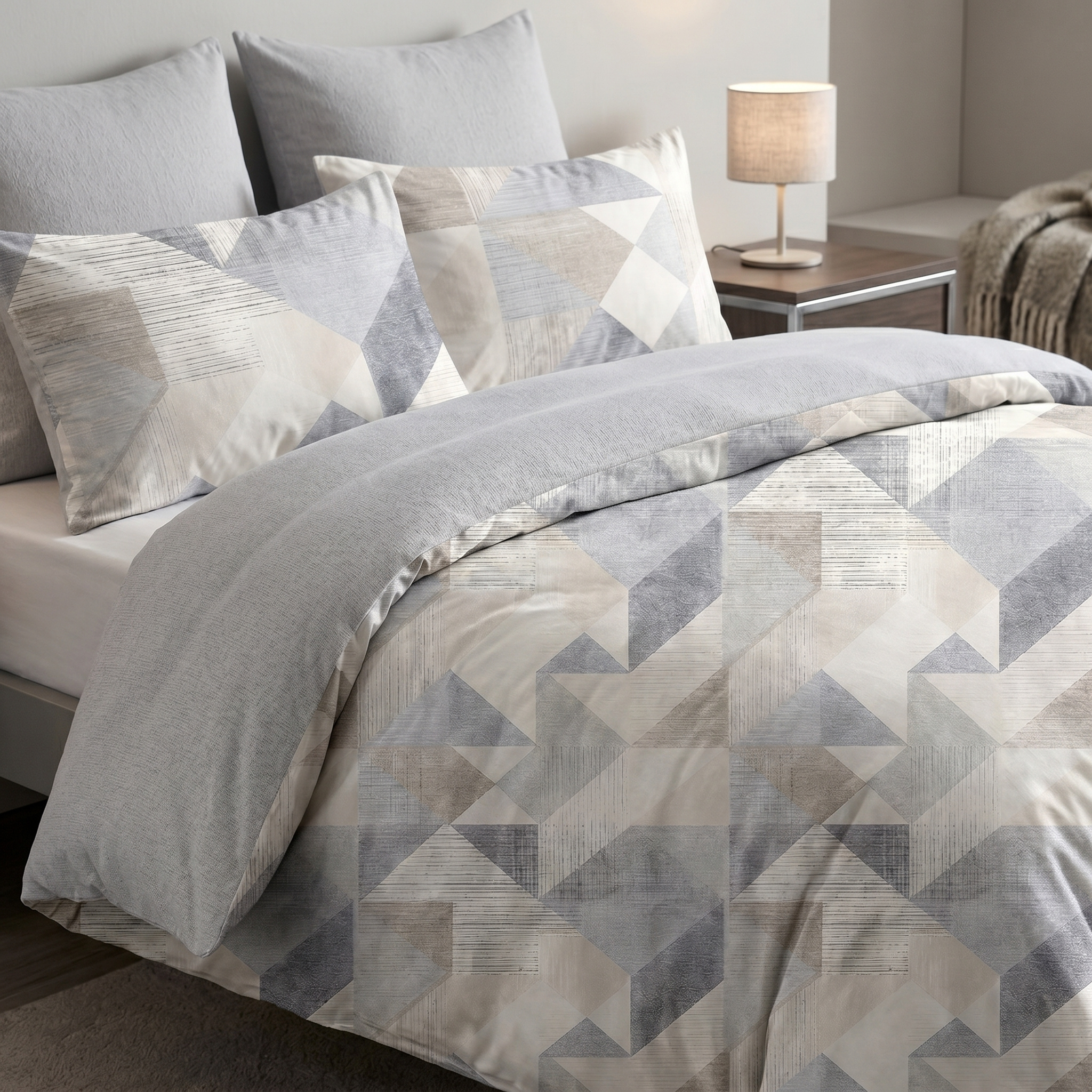 Ensemble Parure de Lit Satin Coton Motif Triangles Bleu Gris | Fiolla Home