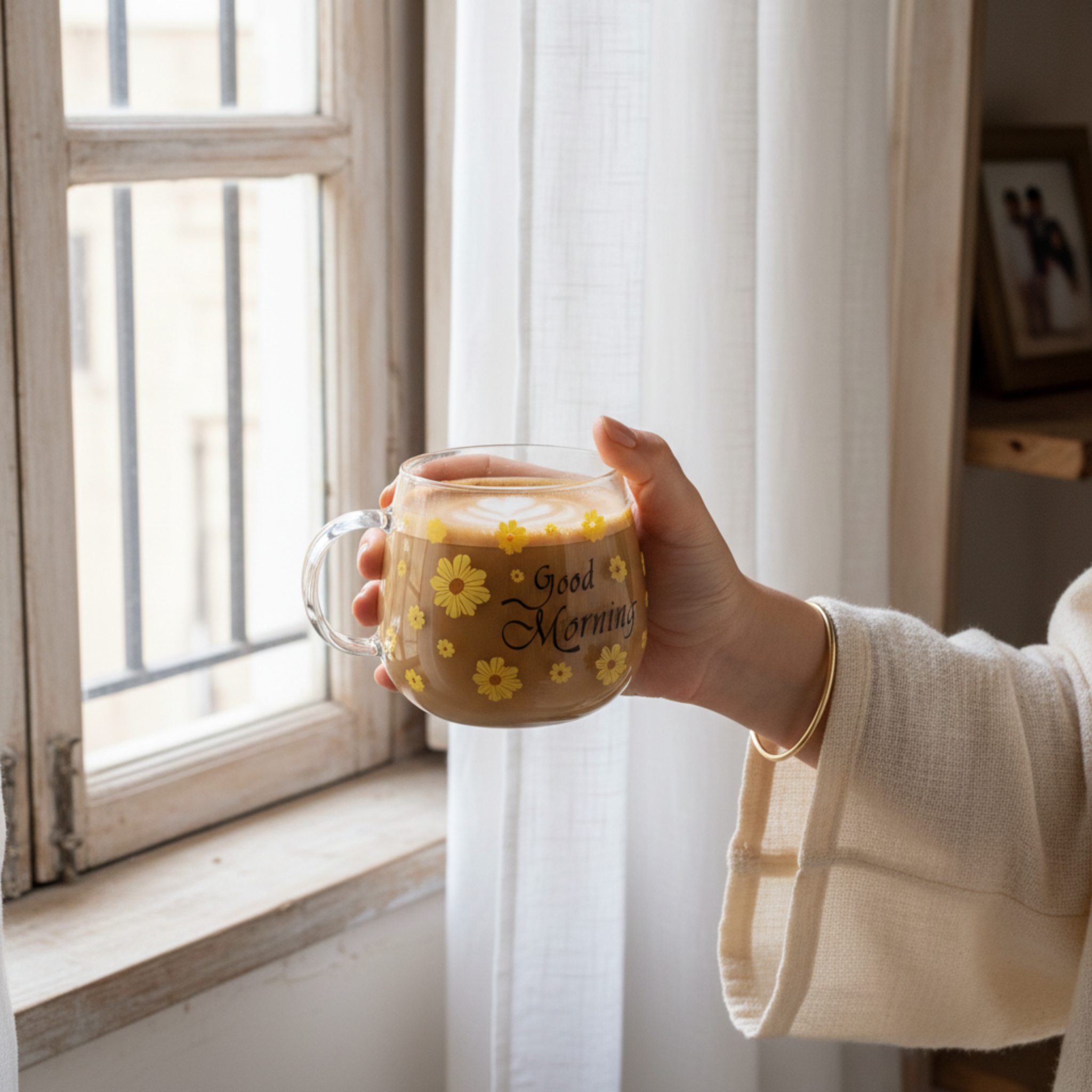 Mug en Verre Fleur Jaune "Good Morning" – Tasse Café & Latte Design