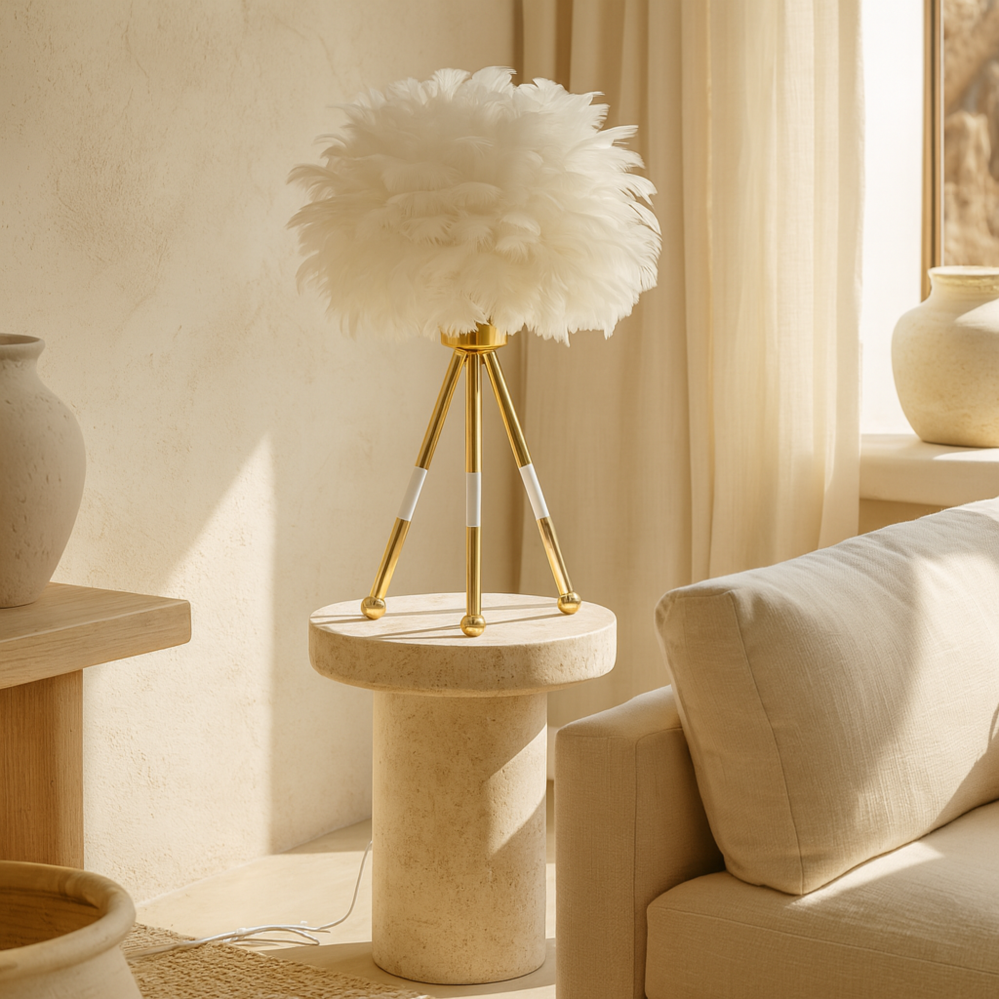 Lampe à Plumes Tripode Blanc et Doré – Design Bohème Chic