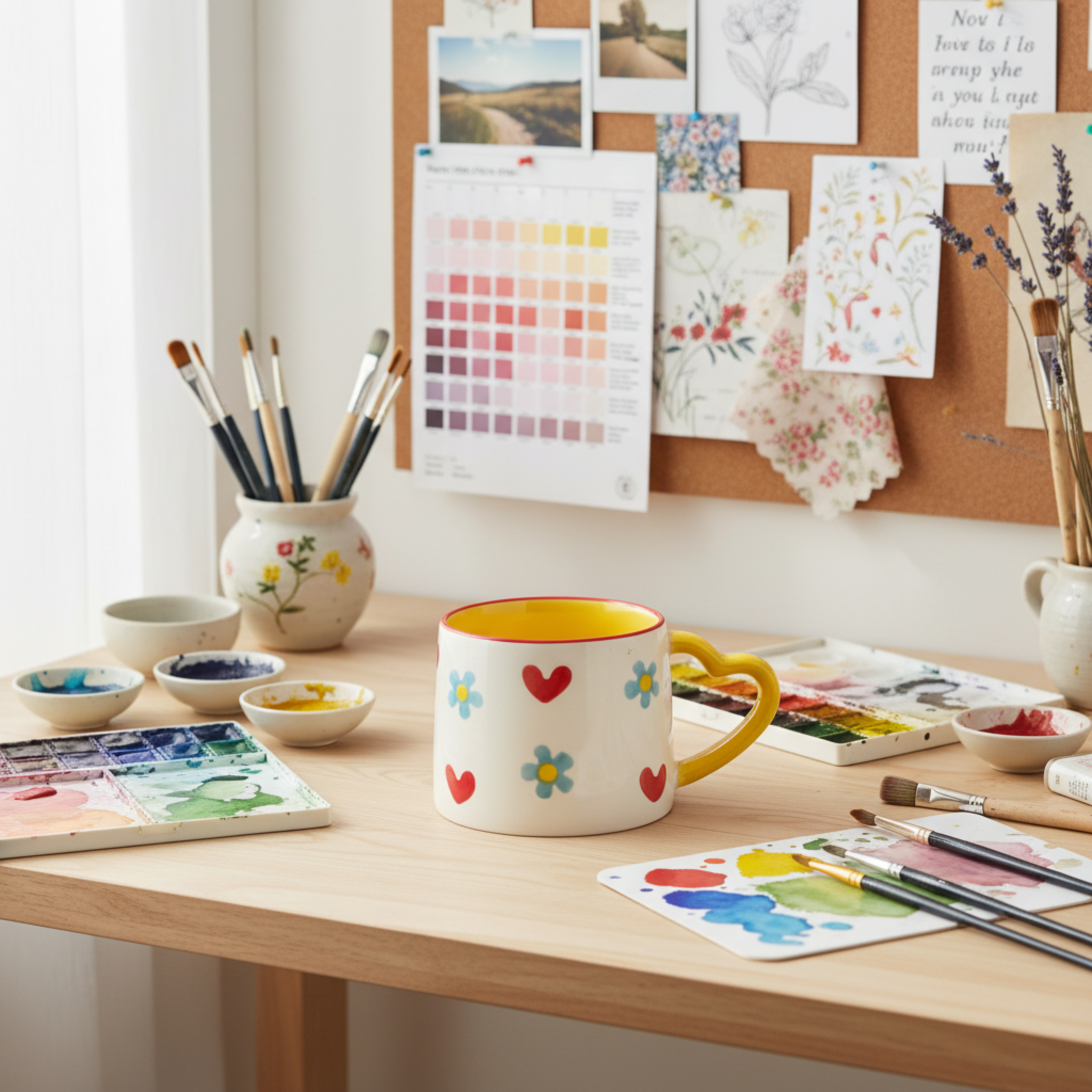 Mug Cœurs et Fleurs | Anse Jaune en Forme de Cœur