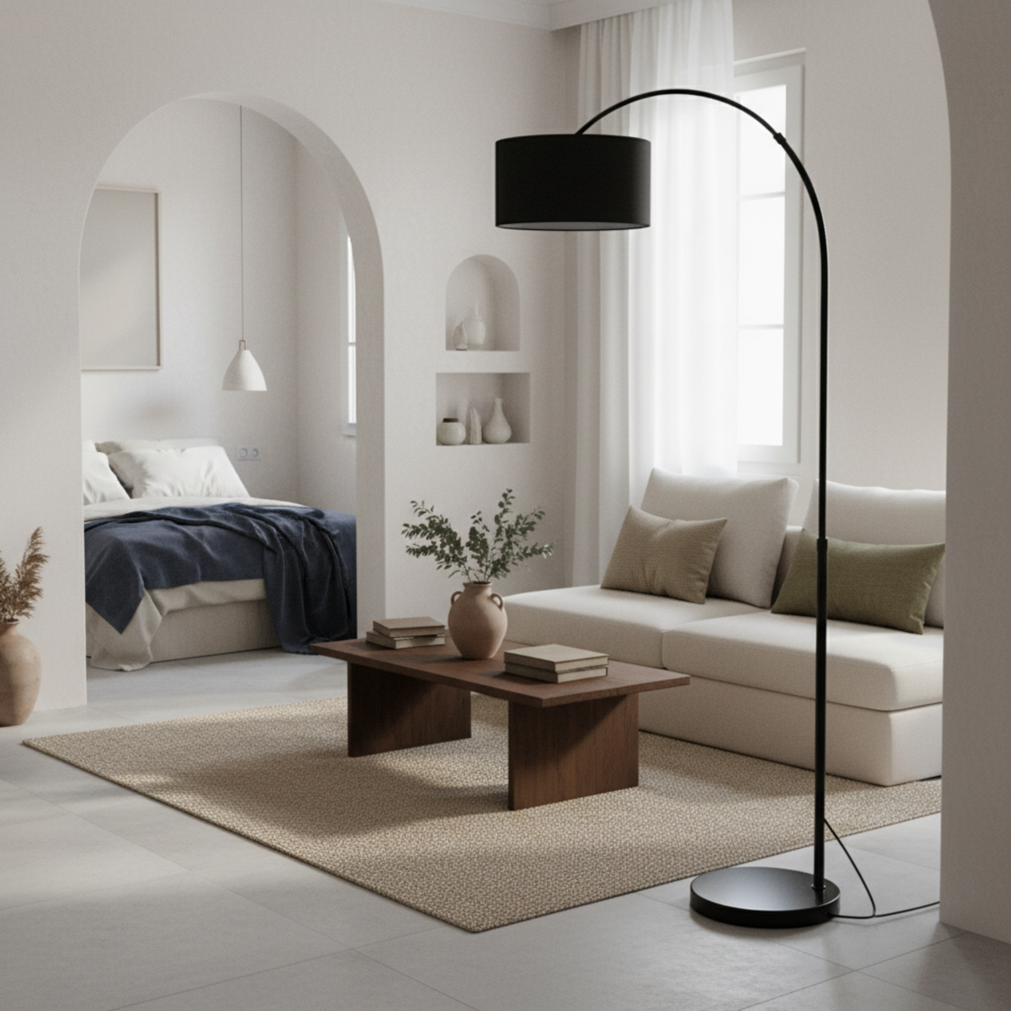 Lampadaire Arc Noir Moderne avec Abat-jour Élégant