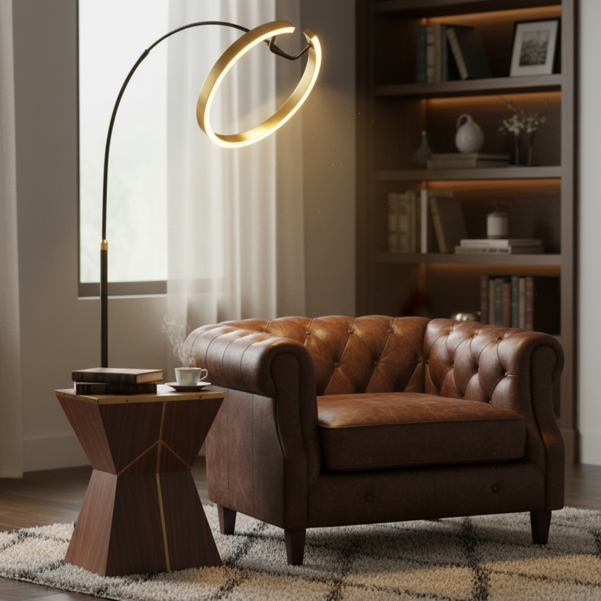 Lampadaire LED Anneau Doré Design Moderne – Éclairage Élégant