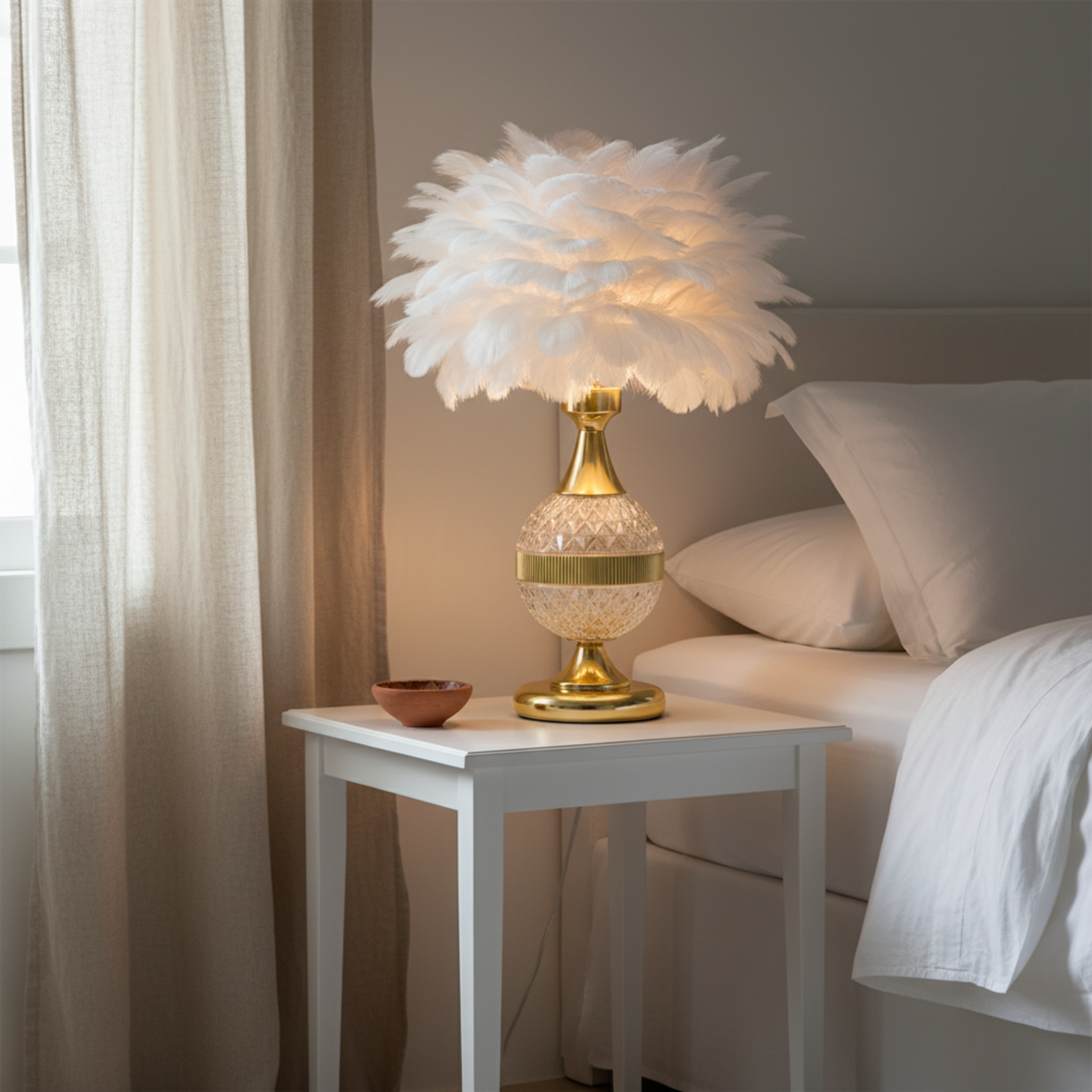 Lampe de Chevet à Plumes Blanches – Veilleuse Élégante Dorée Tunisie | Fiolla Home