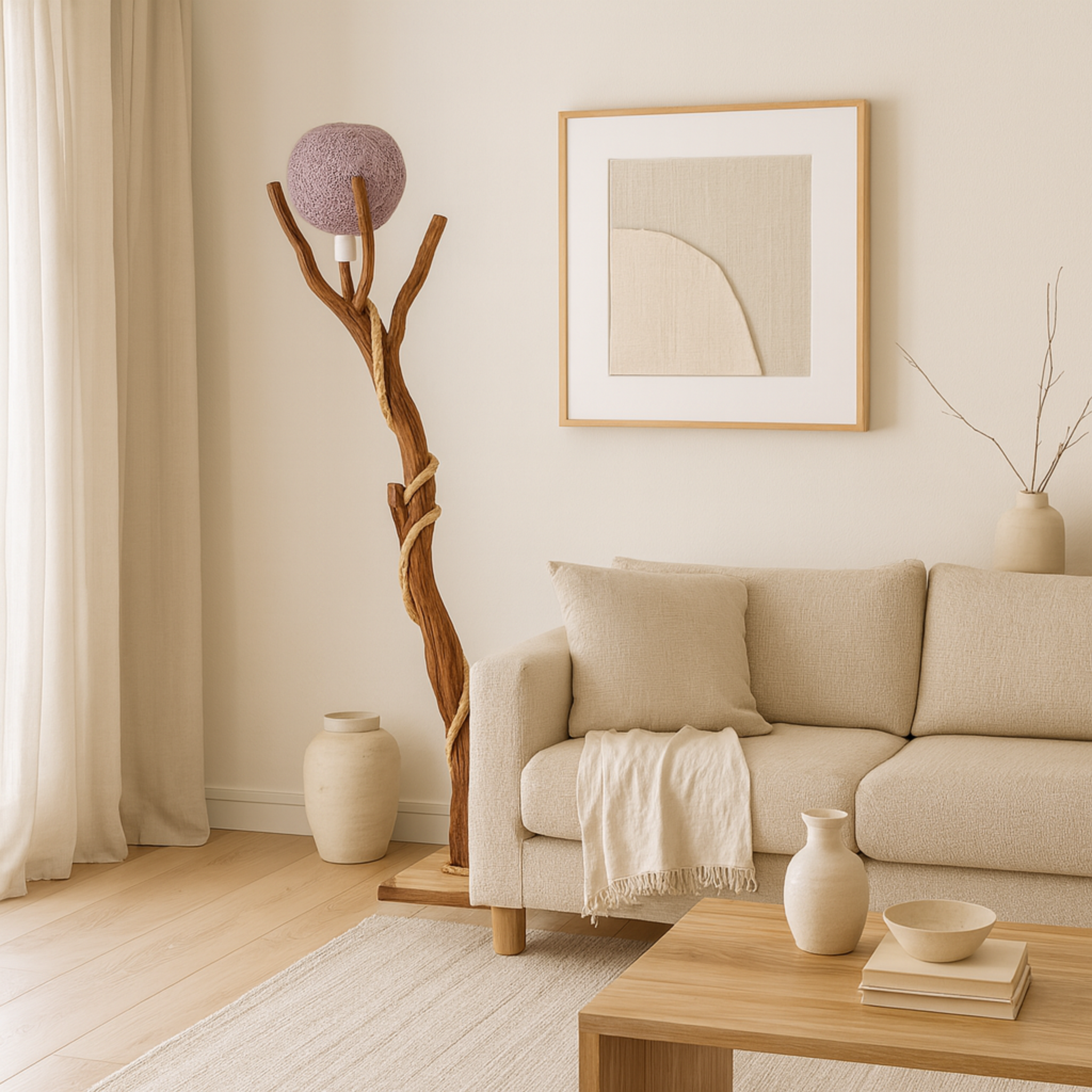 Lampadaire Artisanat Tunisien en Bois Naturel & Abat-Jour Tissé Violet