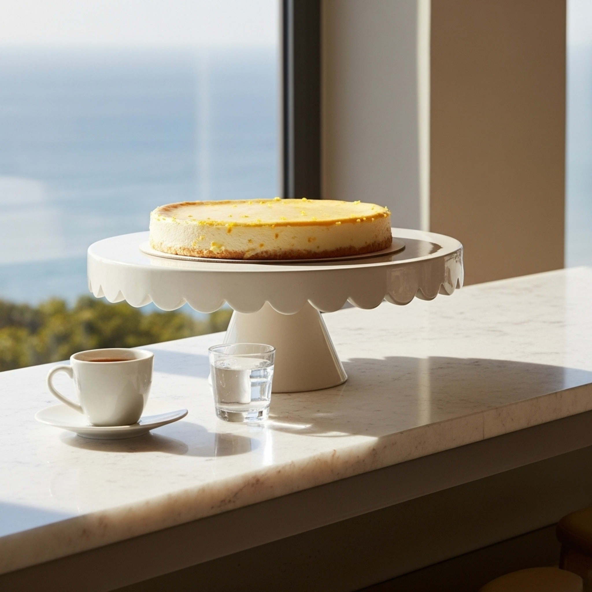 Présentoir à gâteau en céramique – Blanc ivoire, bord ondulé (100% fait main, Tunisie)