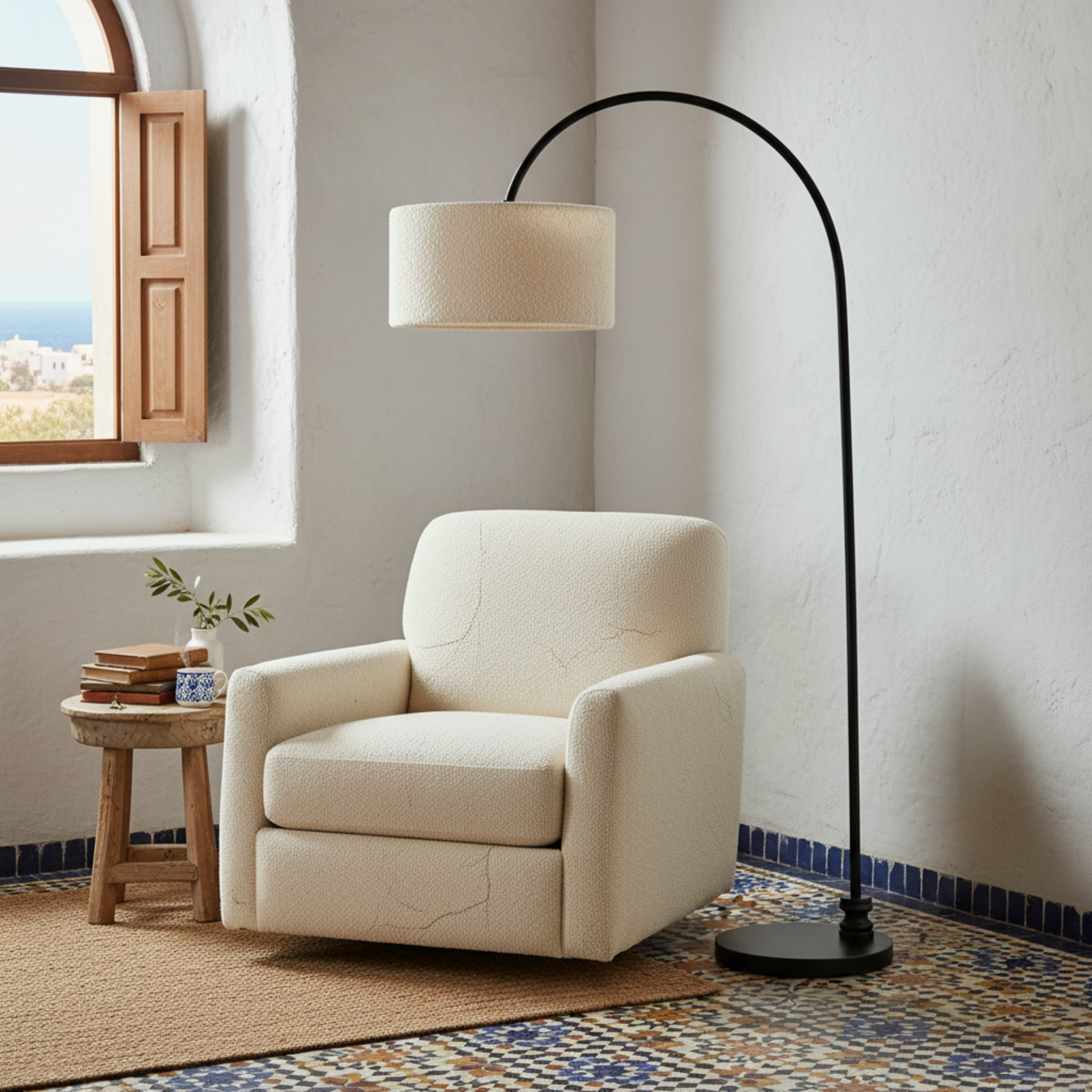 Lampadaire Girafe Design – Arc Métal & Abat-Jour Tissu Bouclette