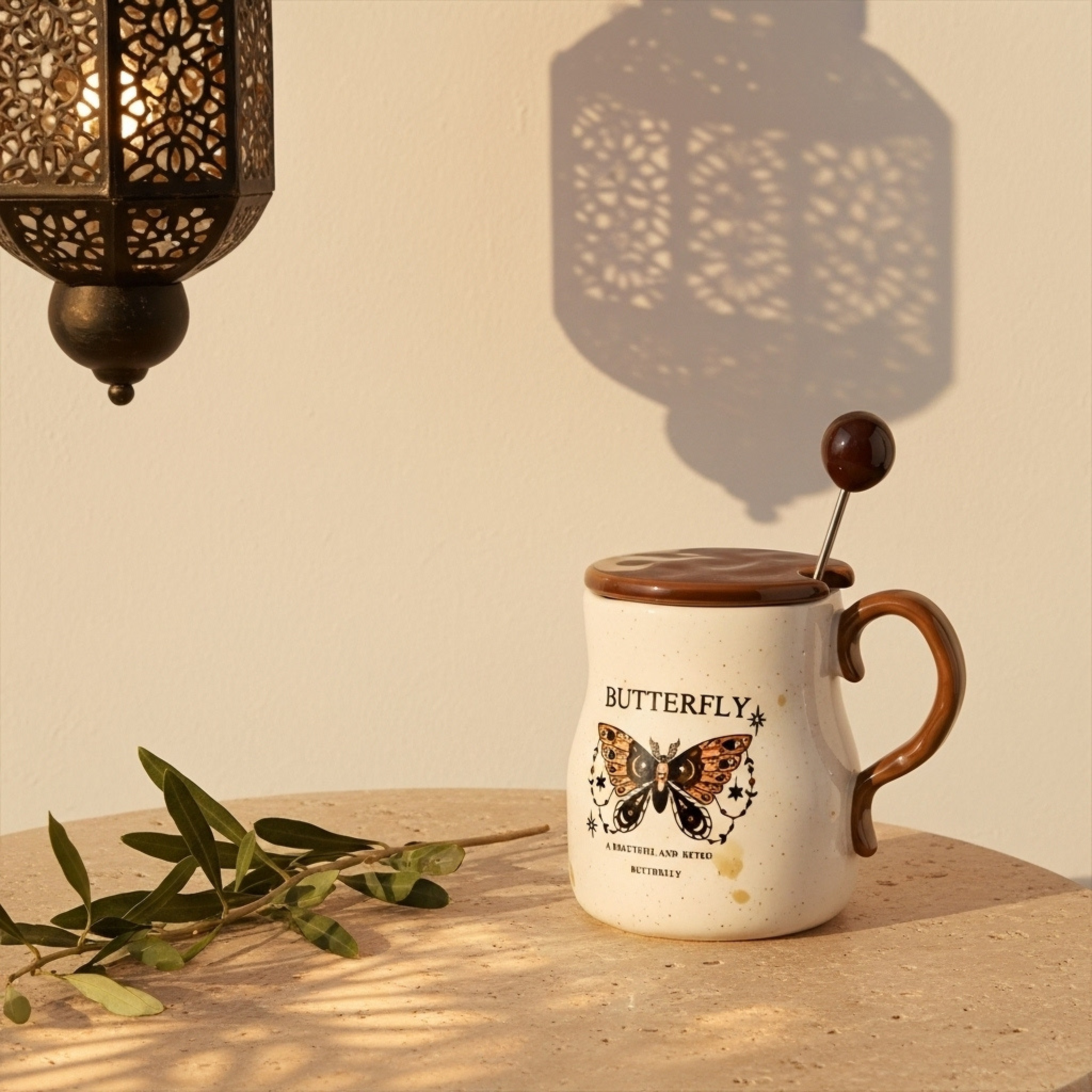 Mug Butterfly Rétro en Céramique – Couvercle & Cuillère