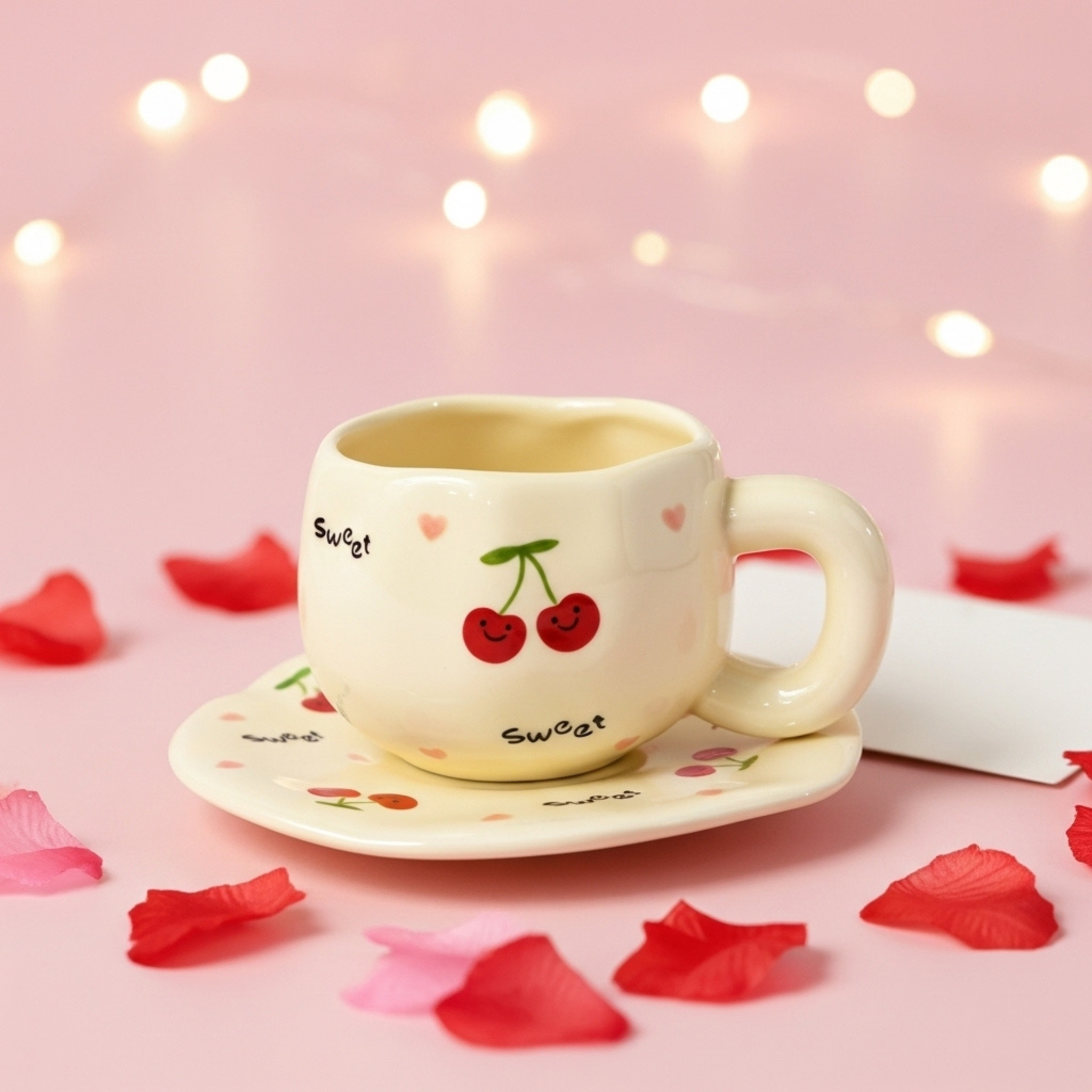 Mug Cerises Kawaii – Set Tasse & Sous-Tasse pour Café