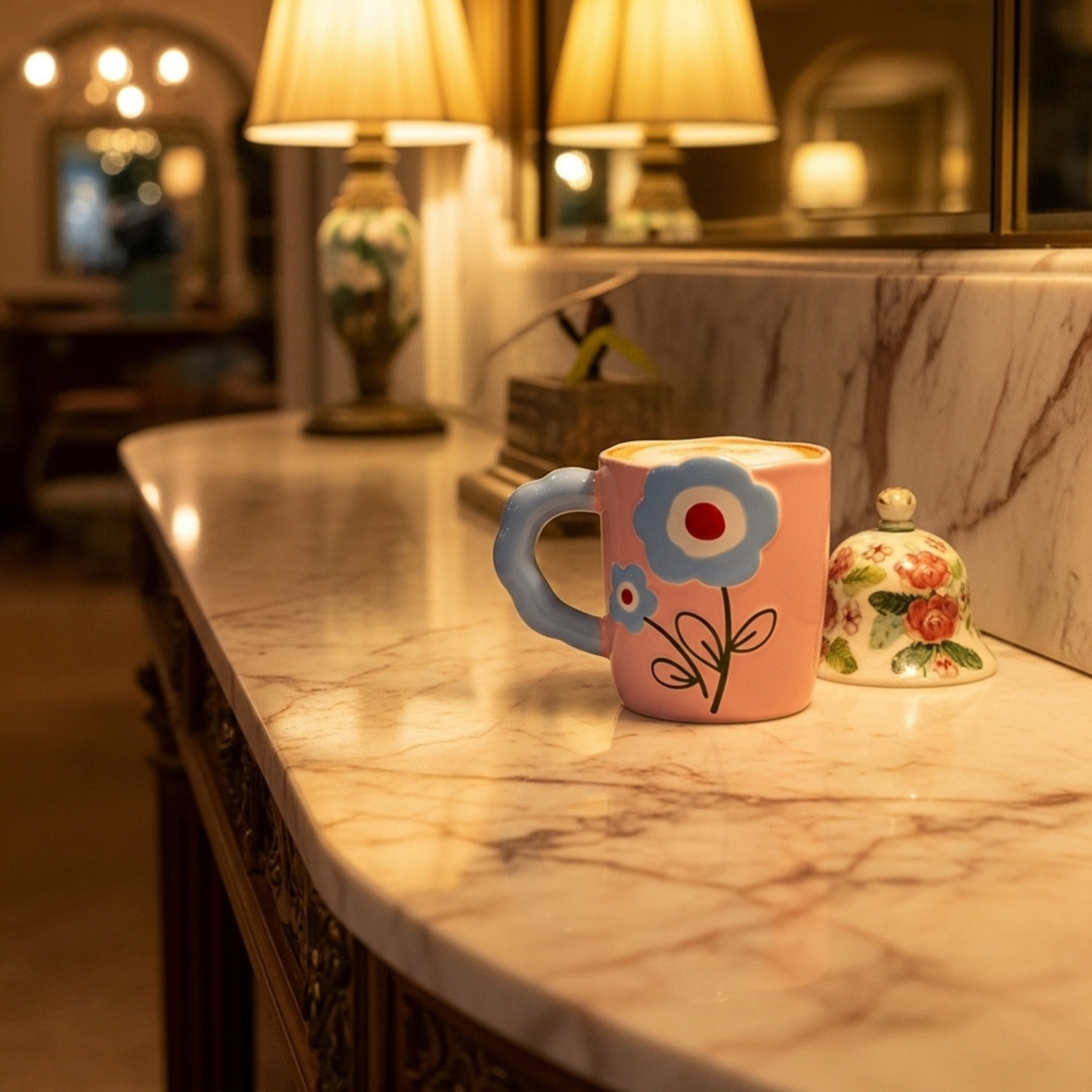 Mug rose motif fleurs – Idée cadeau café/thé Tunisie