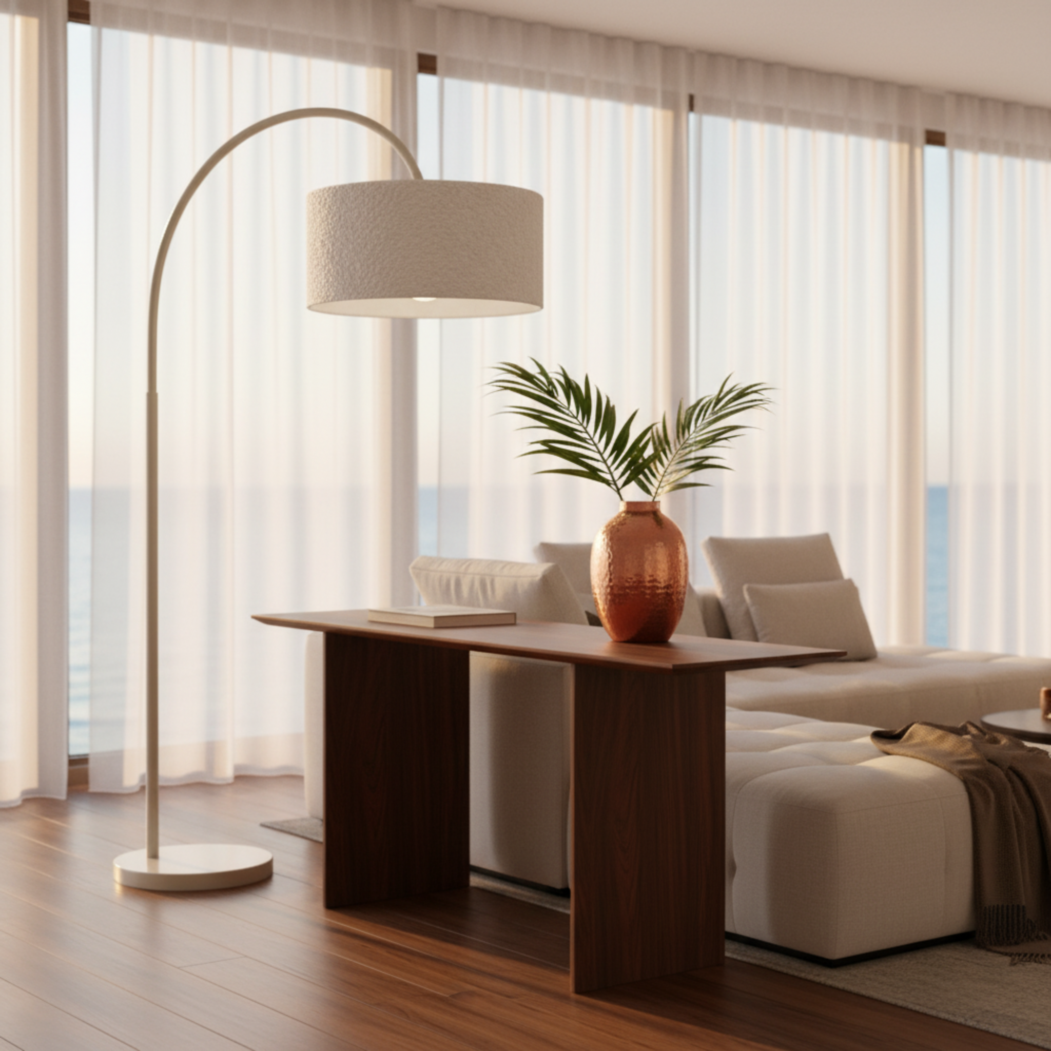 Lampadaire Arc Design en Tissu Bouclette Grège – Élégance Tunisie