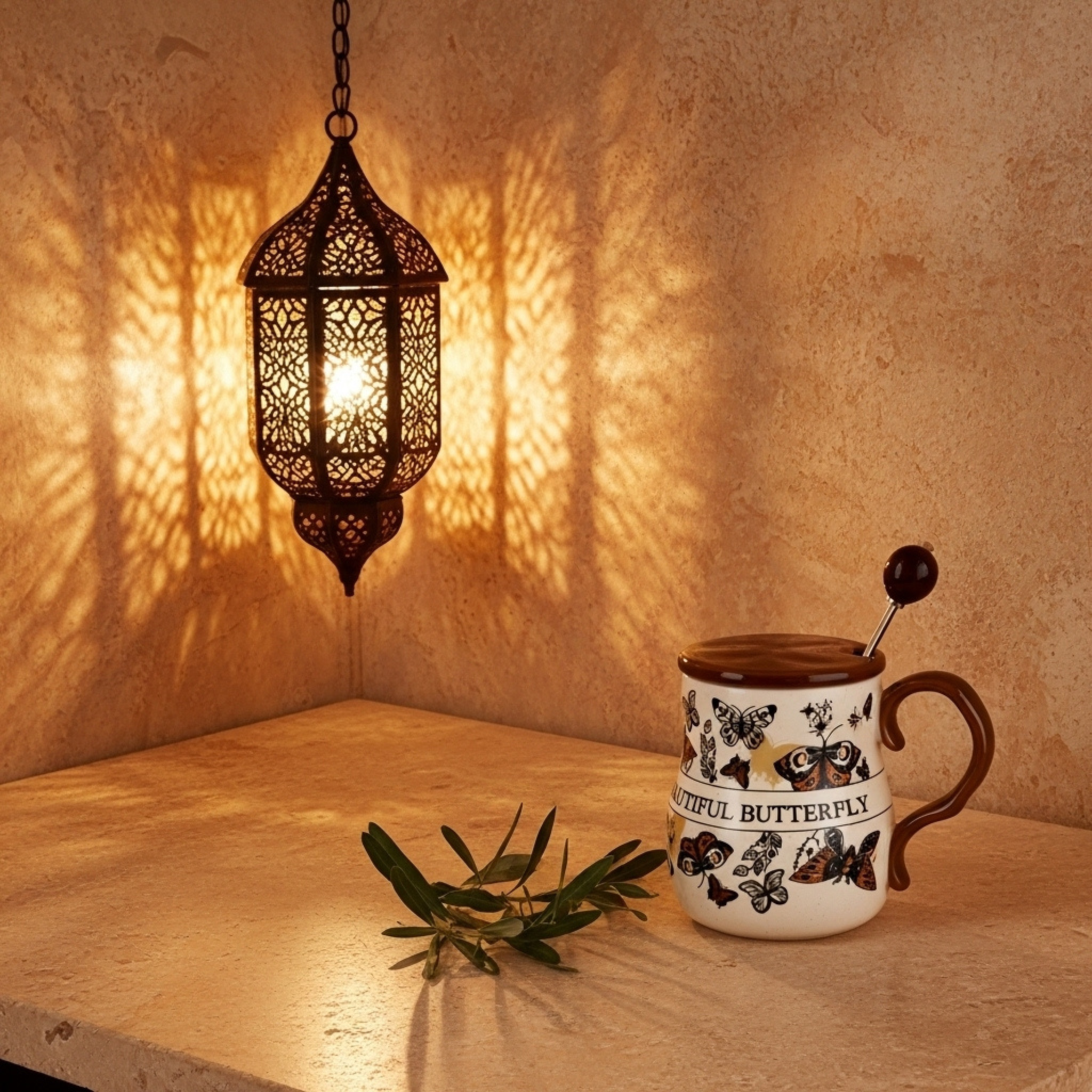 Mug Beautiful Butterfly – Céramique Mouchetée, Couvercle Caramel