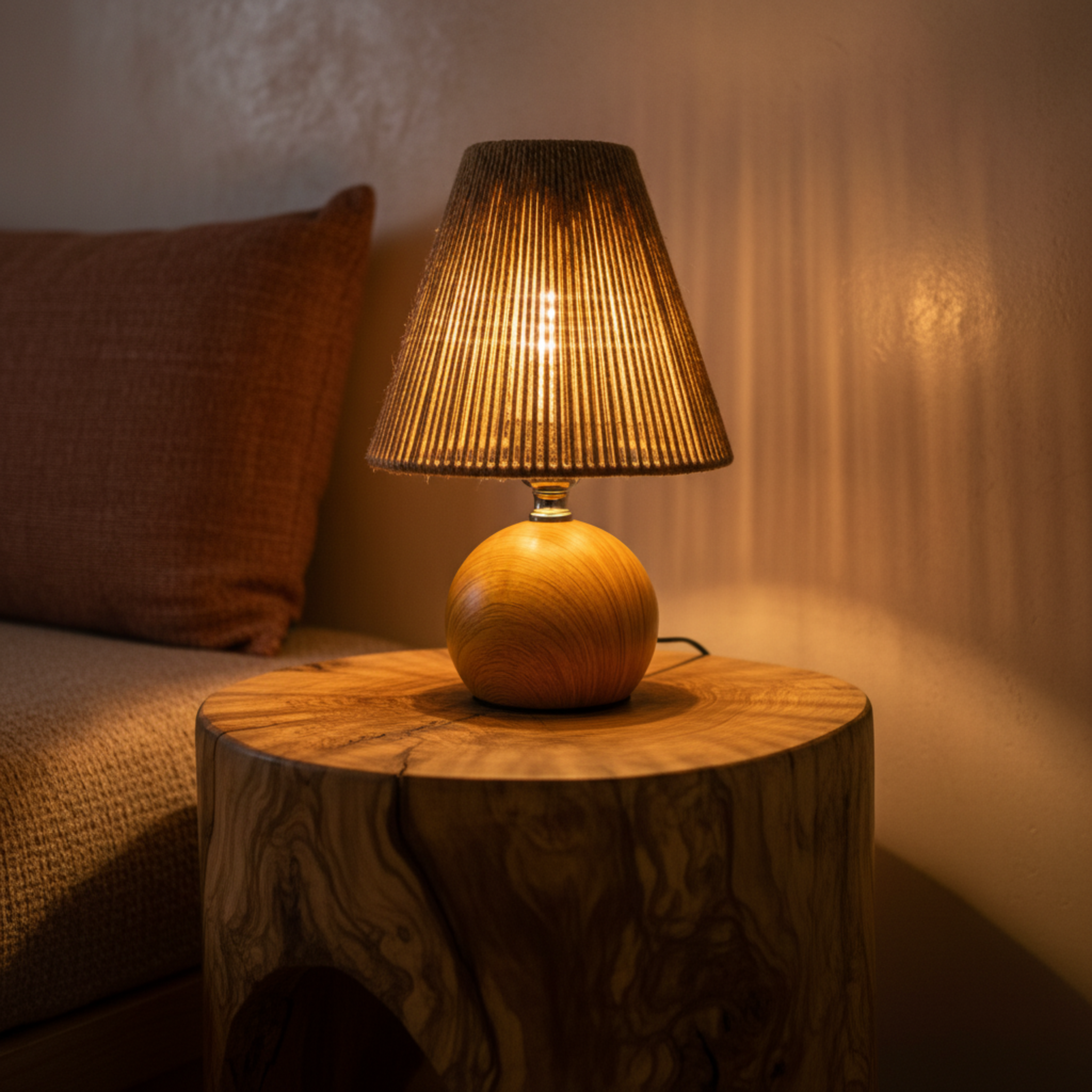 Lampe de Chevet Bohème Bois & Corde – Lumière Douce Tunisie