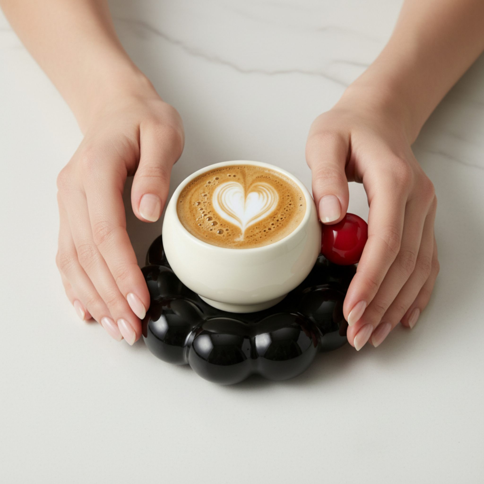 Tasse Design "Bubble" Céramique – Soucoupe Noire & Anse Rouge