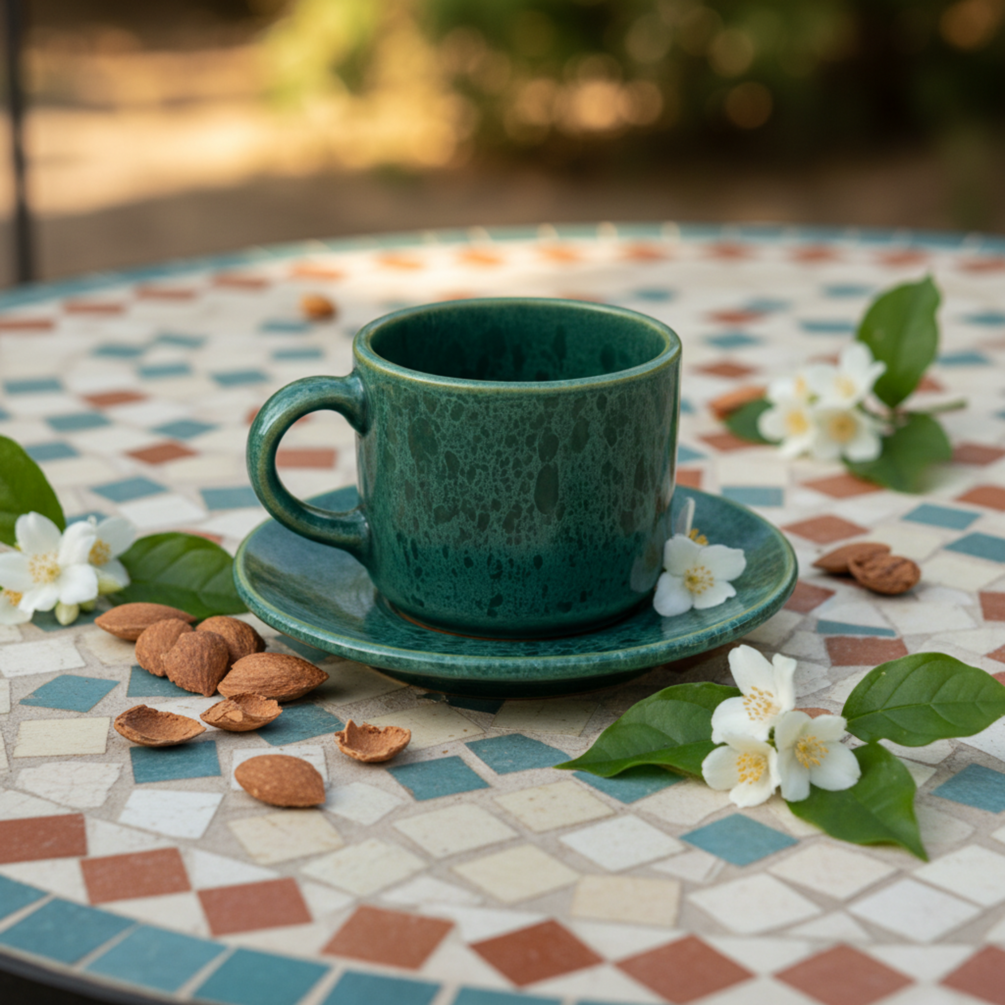 Tasse Espresso en Céramique Émeraude avec Soucoupe – Style Tunisien