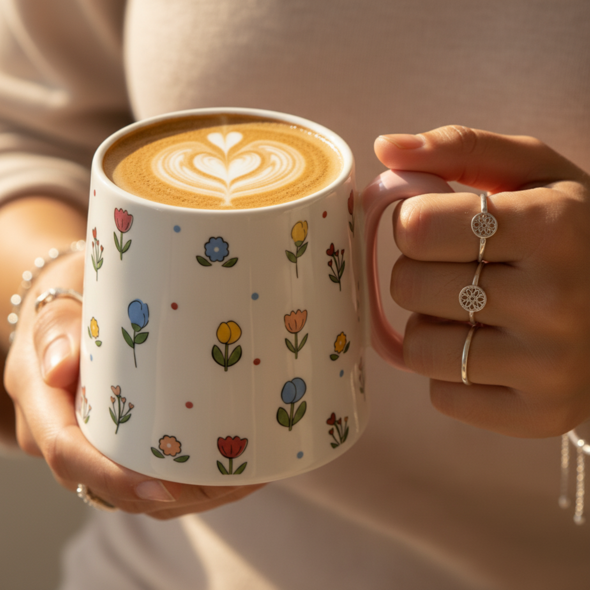 Mug Céramique "Printemps Fleuri" – Tasse Design Floral & Anse Rose