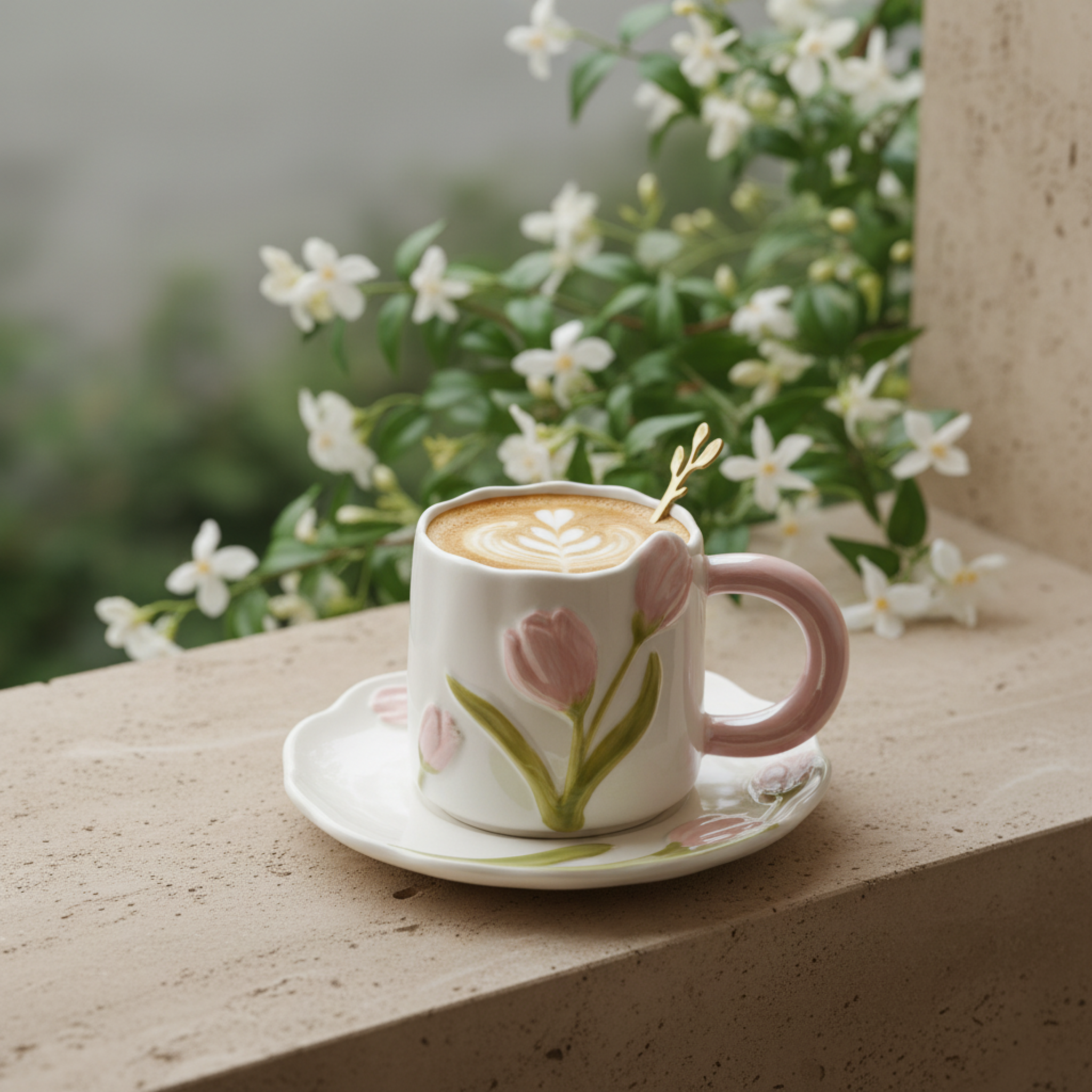 Mug Tulipe Rose en Céramique avec Sous-Tasse – Édition Élégante