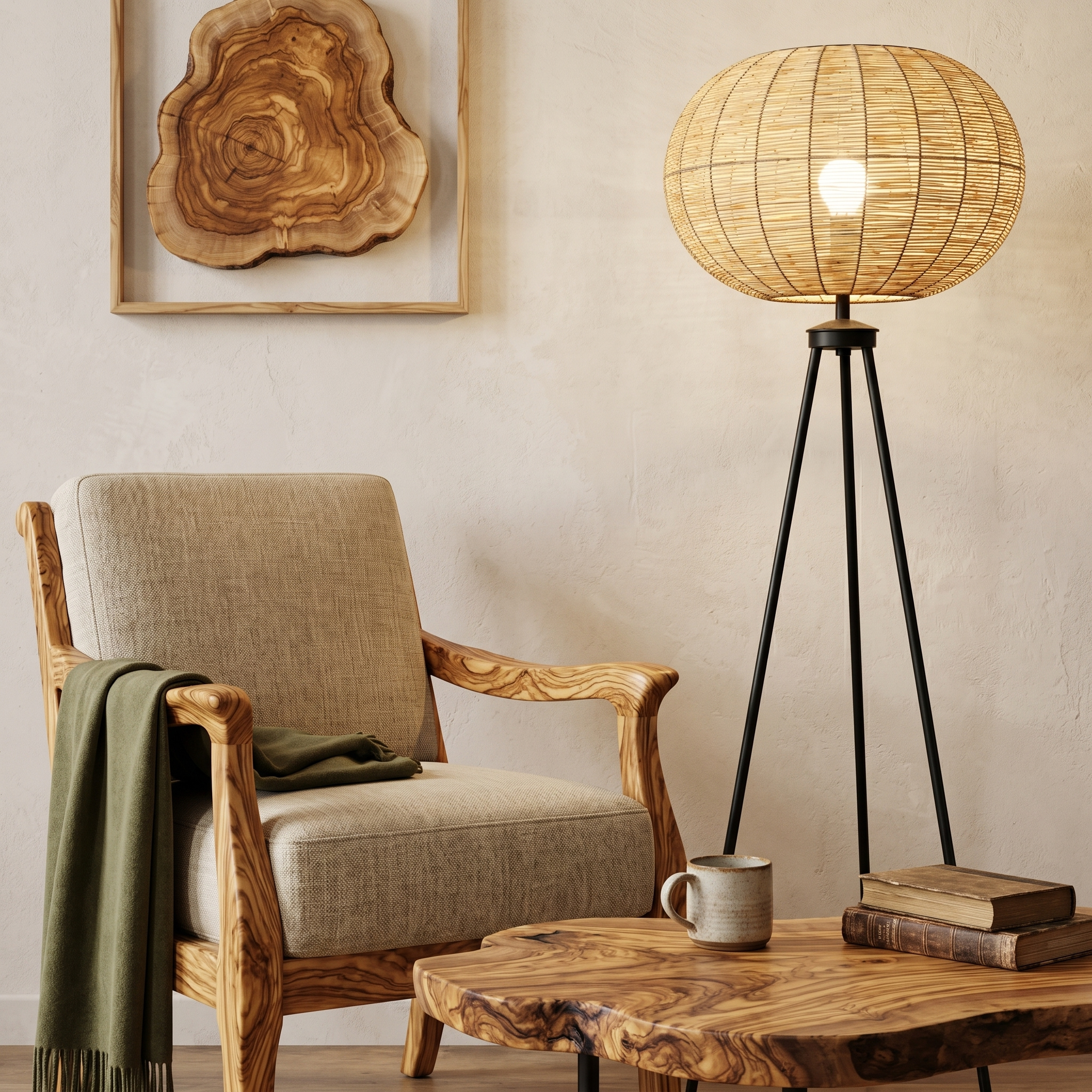 Lampadaire Trépied Rotin | Globe Tressé Pied Noir | Fiolla Home