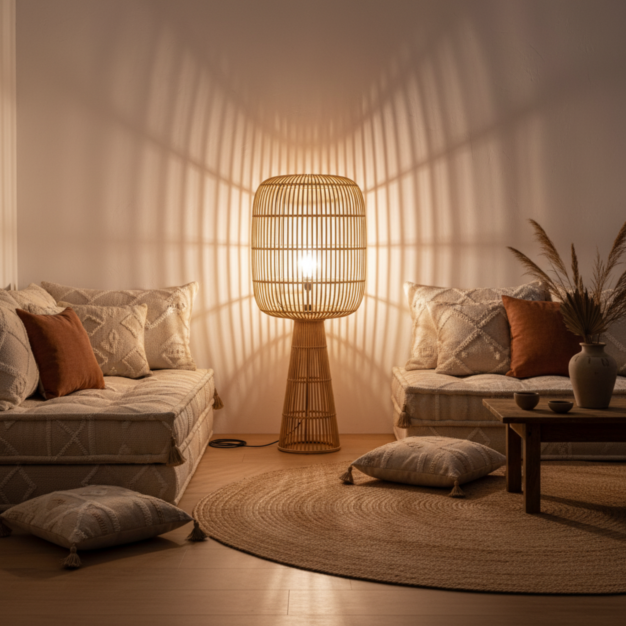 Lampadaire Sur Pied en Rotin Naturel – Design Bohème & Fait Main