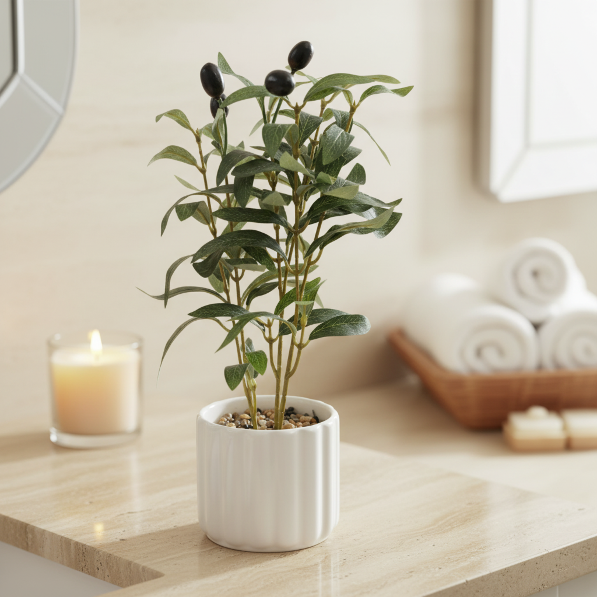 Olivier Artificiel en Pot Céramique Blanc - Déco Tunisie
