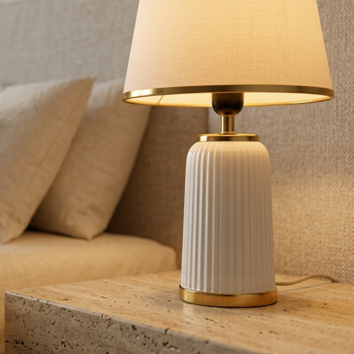 Lampe à Poser Blanche Or Tunisie | Chevet Céramique Chic | Fiolla Home