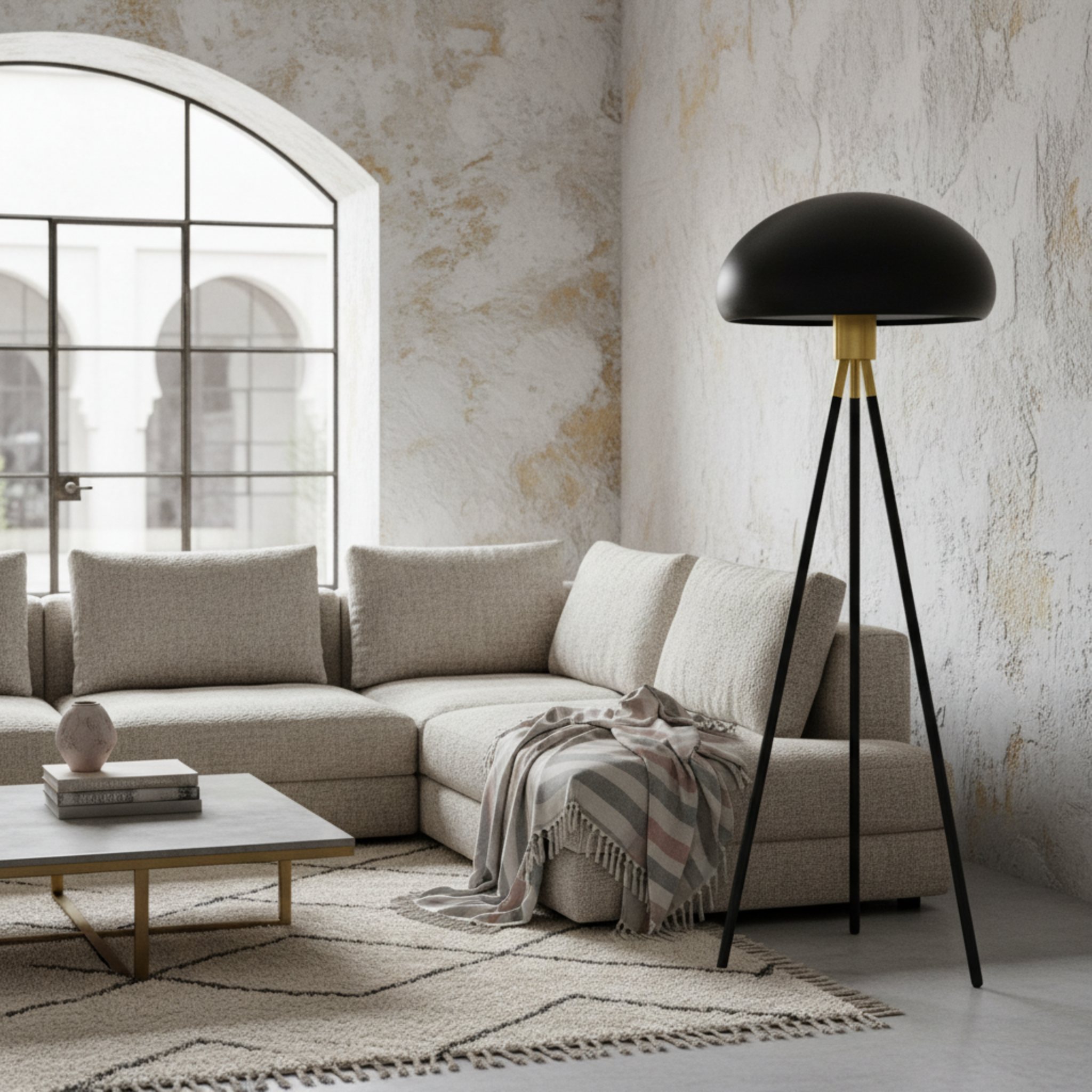 Lampadaire Trépied Noir et Or – Design Luxe pour Salon en Tunisie