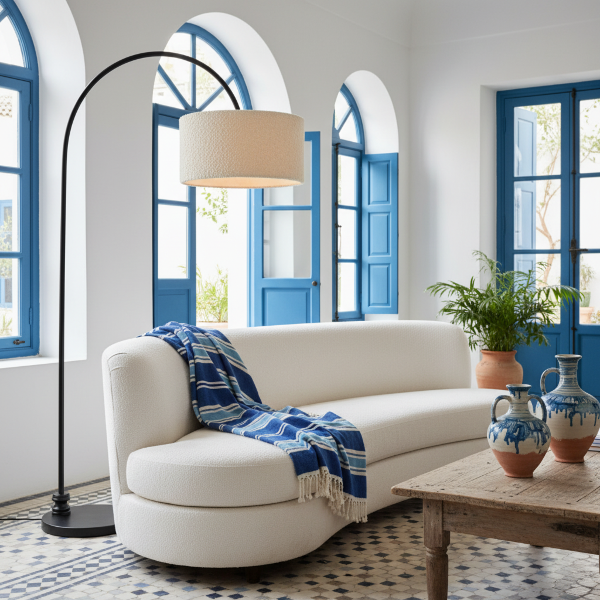 Lampadaire Girafe Design – Arc Métal & Abat-Jour Tissu Bouclette