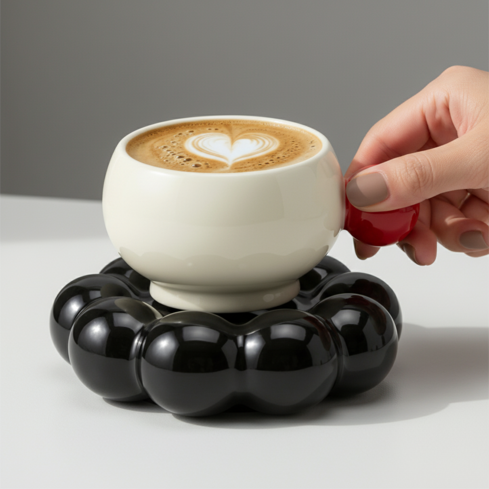 Tasse Design "Bubble" Céramique – Soucoupe Noire & Anse Rouge
