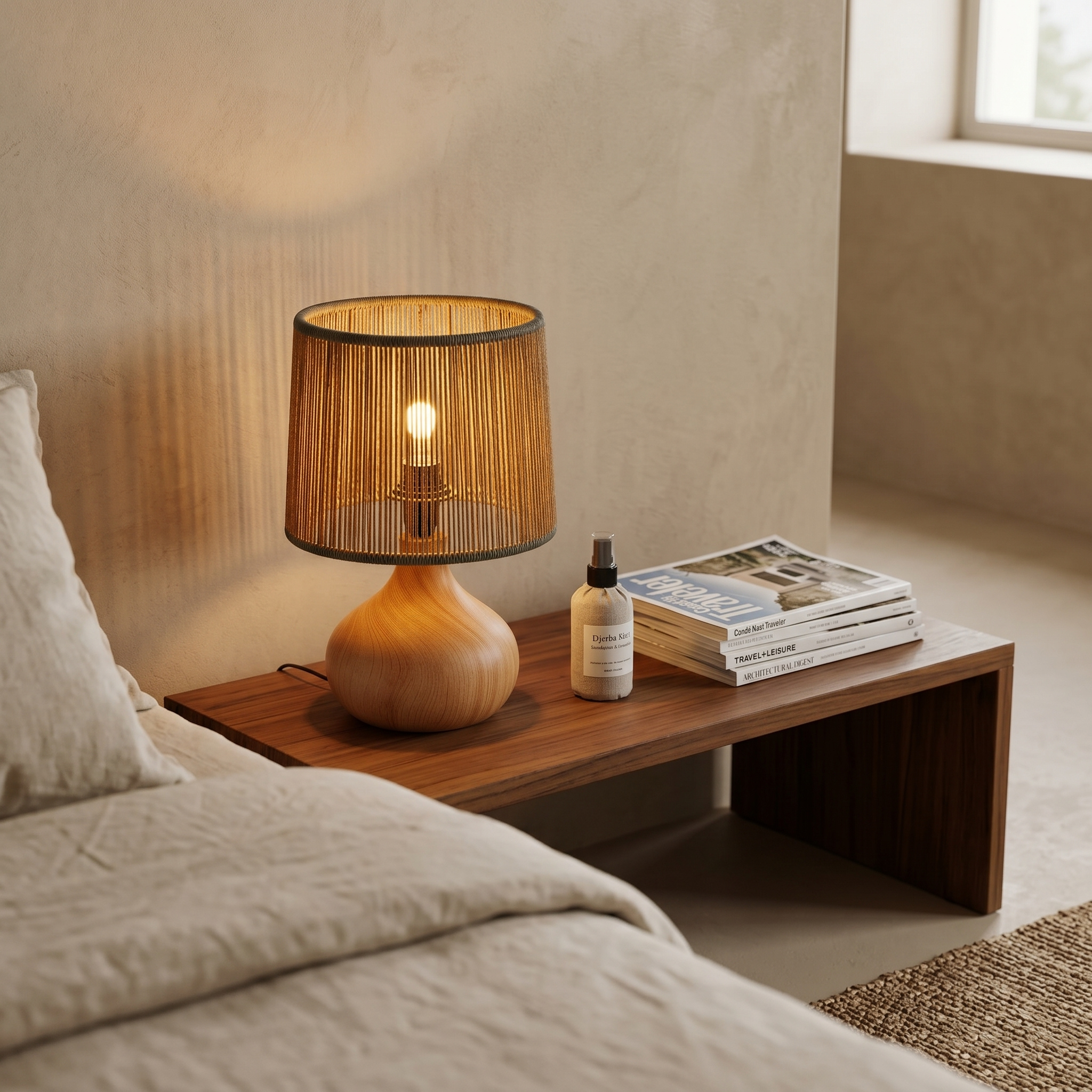 Lampe à Poser Boho | Design Jute & Bois Fait Main | Fiolla Home