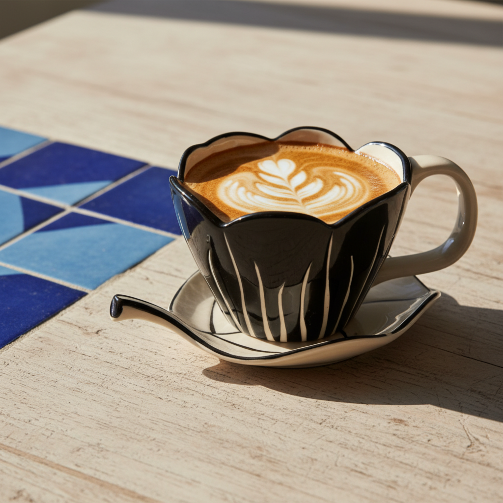 Mug Fleur Noir en Céramique avec Sous-Tasse – Élégance Premium