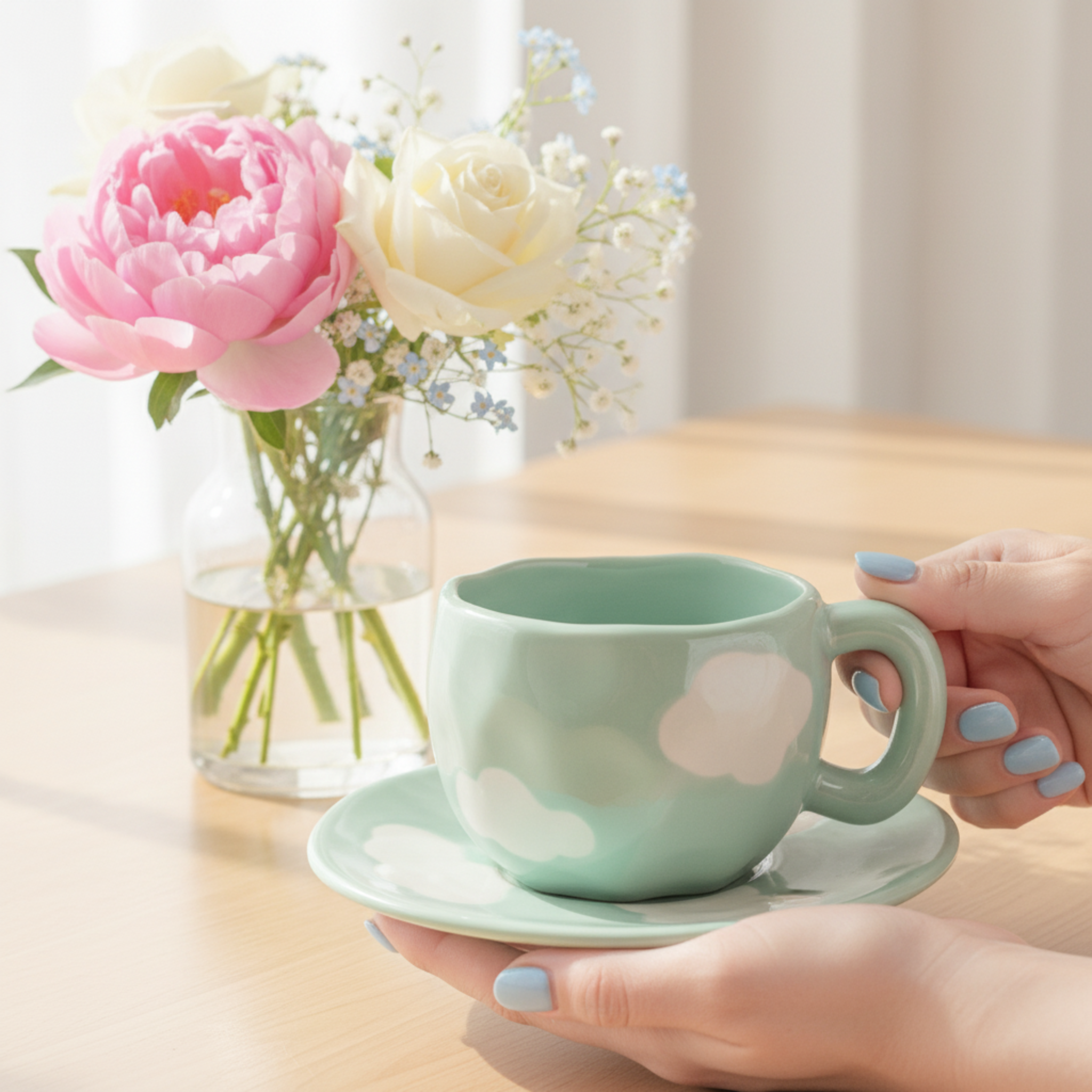 Mug Céramique "Nuage" — Tasse Design Chunky & Soucoupe (Pastel)