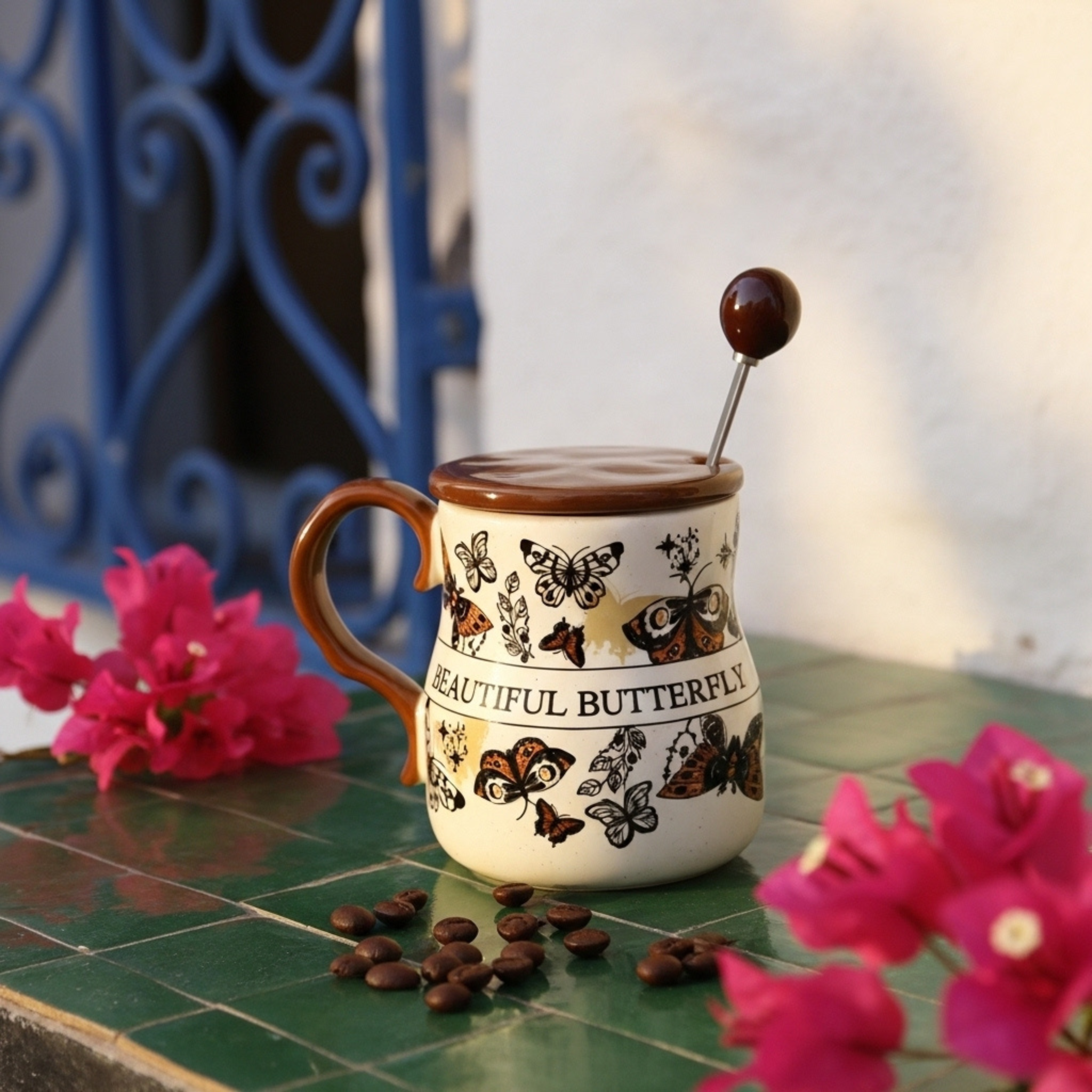 Mug Beautiful Butterfly – Céramique Mouchetée, Couvercle Caramel
