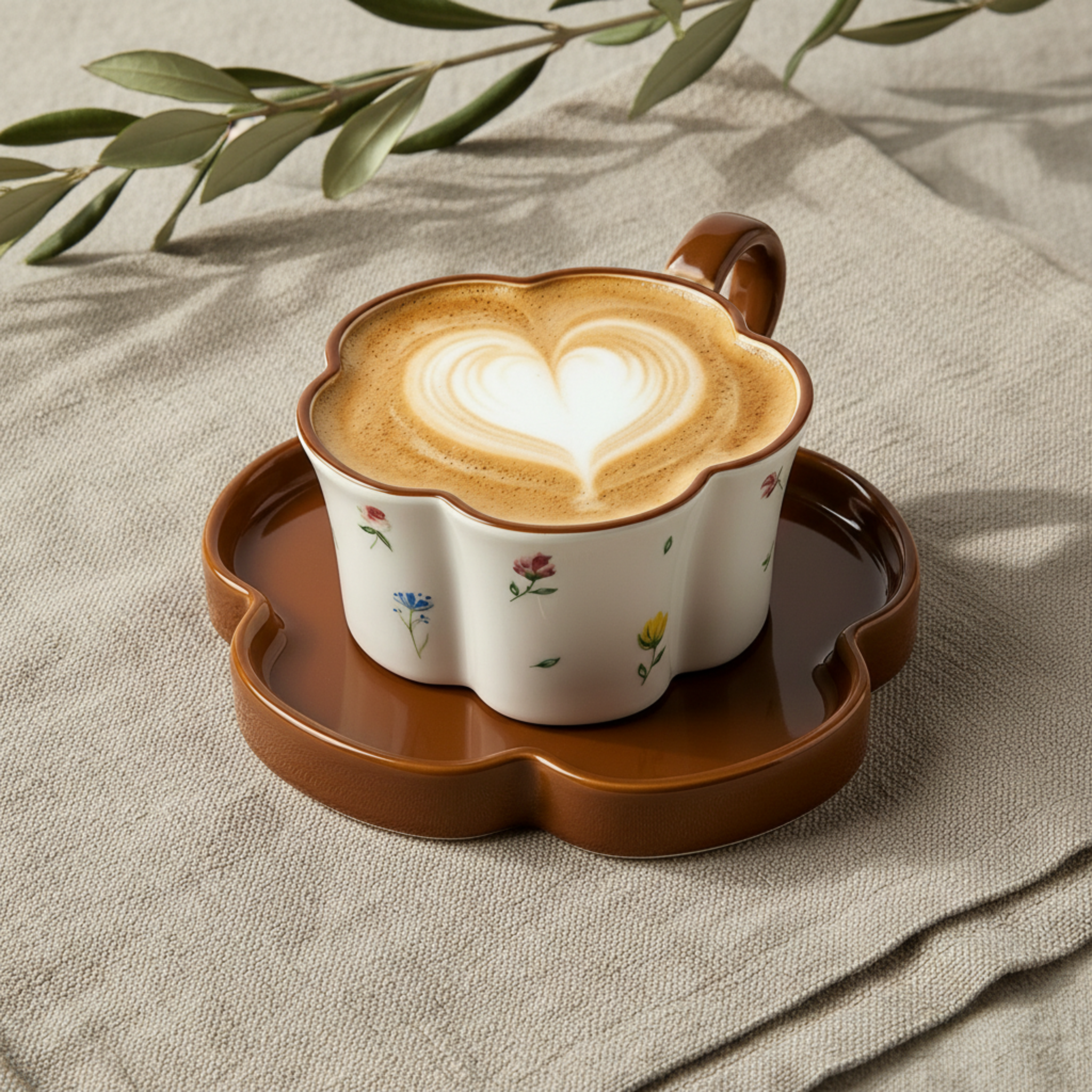 Tasse Fleur & Soucoupe Marron – Mug Cute Idée Cadeau Tunisie