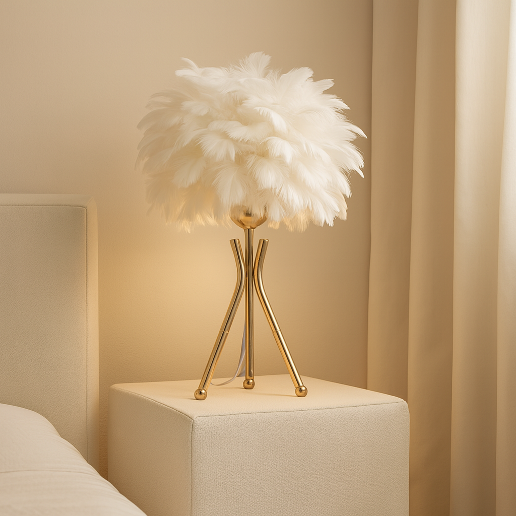 Lampe de Chevet à Plumes Blanc & Doré – Style Glamour Chic