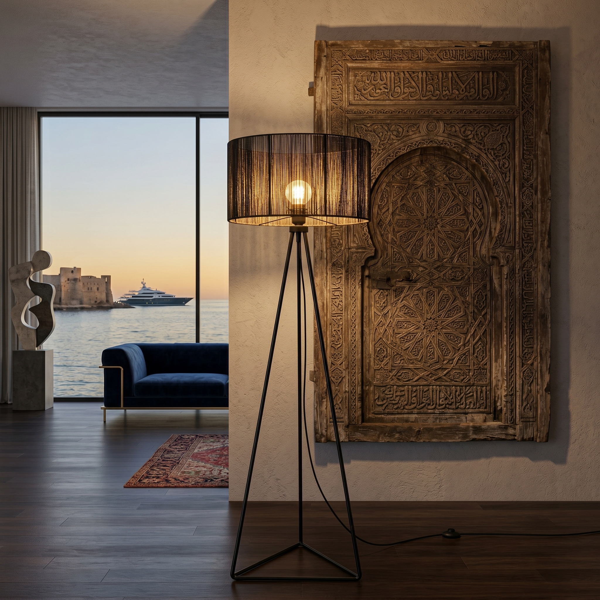 Lampadaire Trépied Noir | Abat-jour Fil de Coton | Fiolla Home