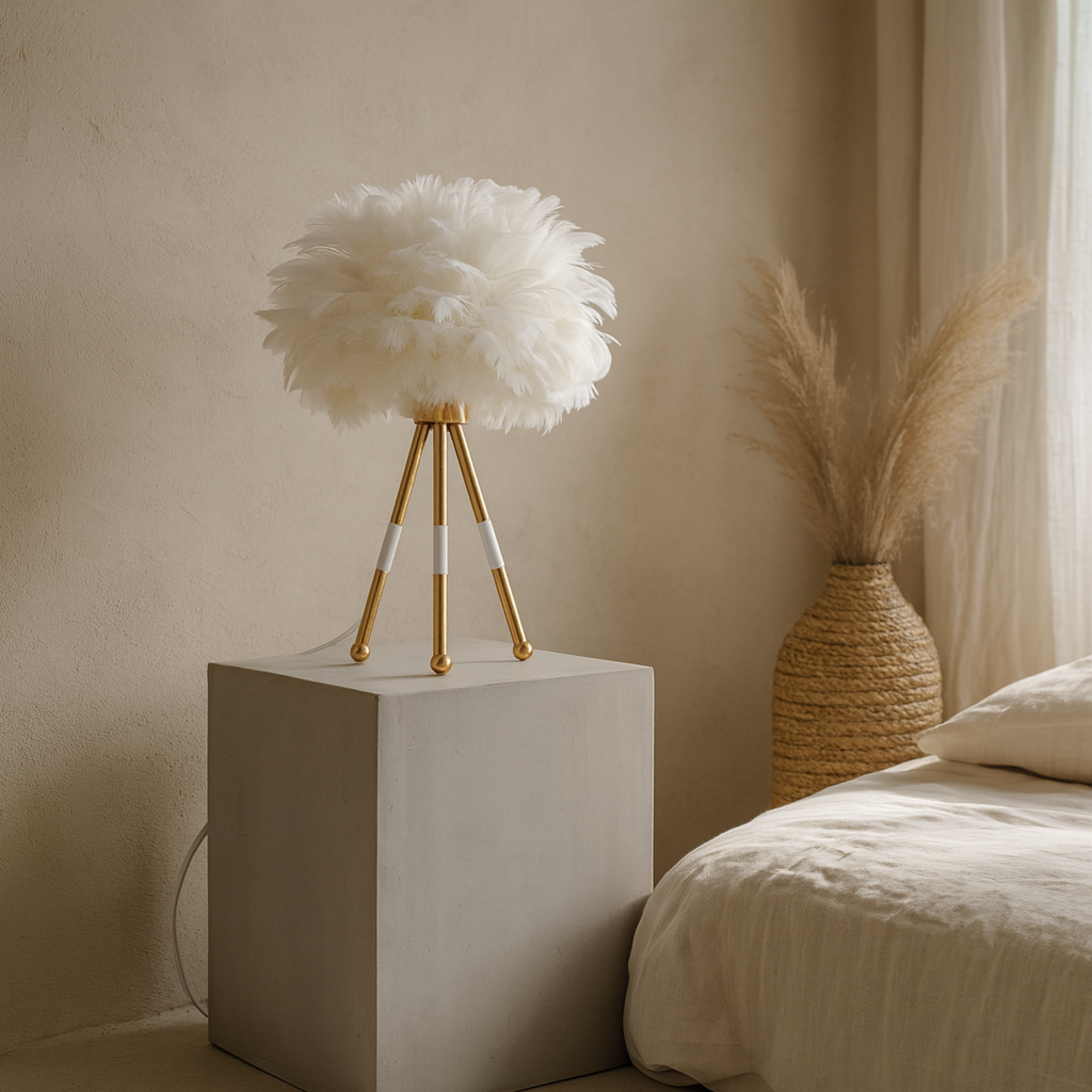 Lampe à Plumes Tripode Blanc et Doré – Design Bohème Chic